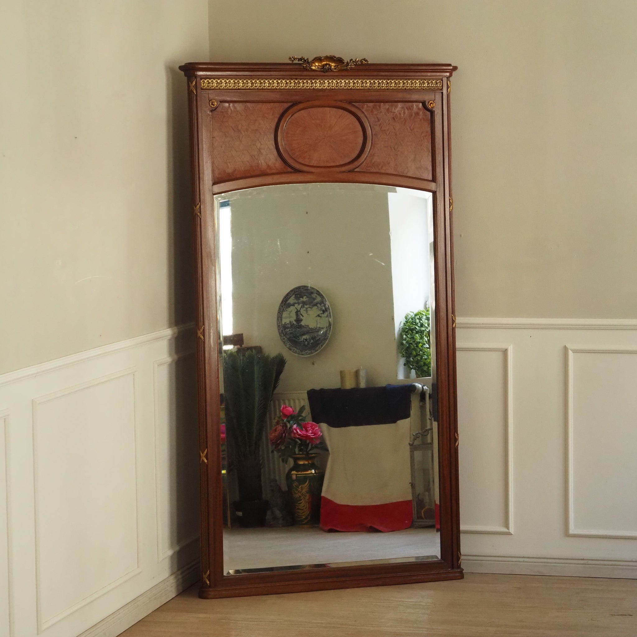 Antiker Mahagoni Trumeau-Wandspiegel mit Intarsien um 1890, Frankreich