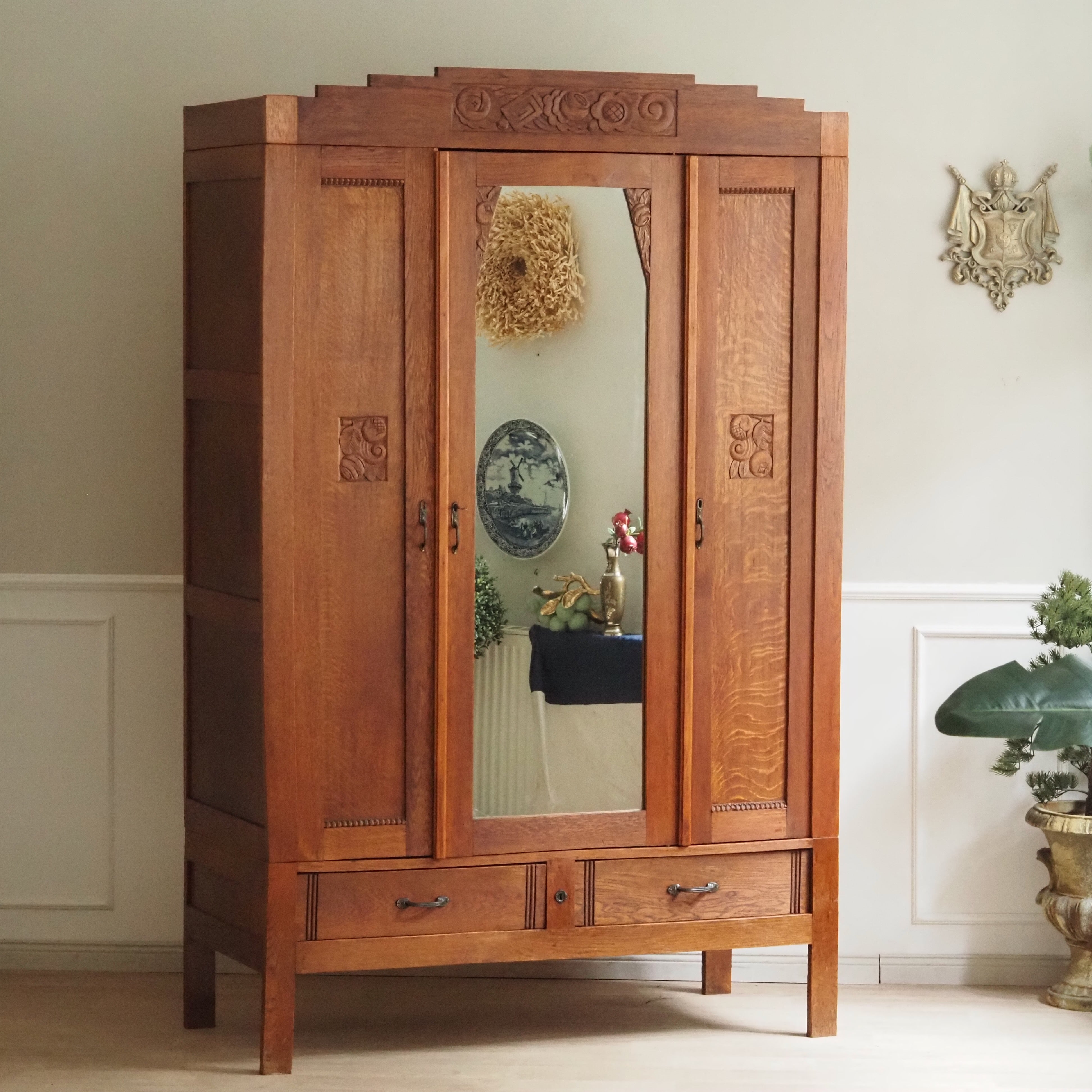 Jugendstil Kleiderschrank Eiche mit Spiegel um 1920 - Vintage Spiegelschrank