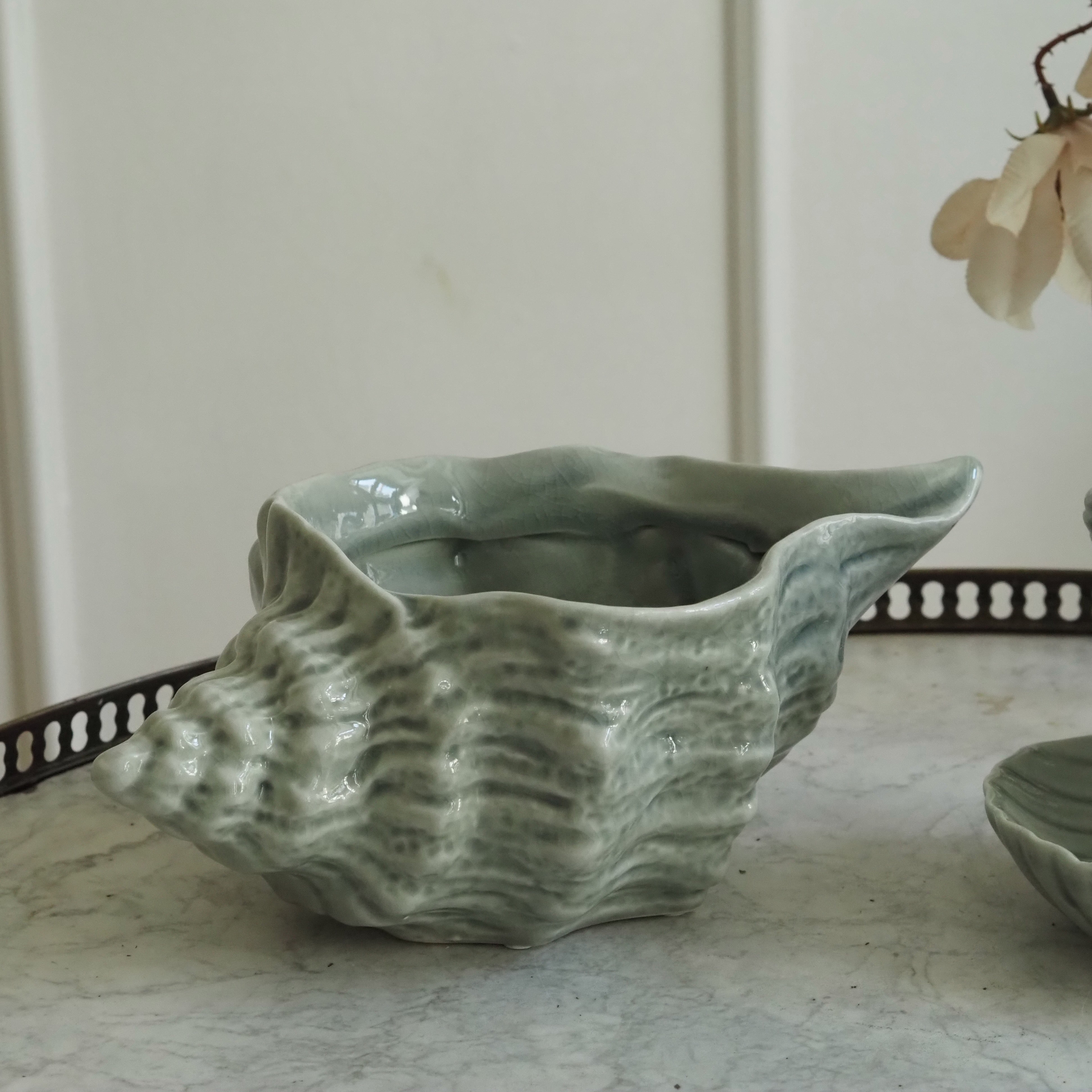 Muschelkeramik Celadon · Jakobsmuschel-Schale oder Tritonshorn-Gefäß aus Steingut, weiß-oliv