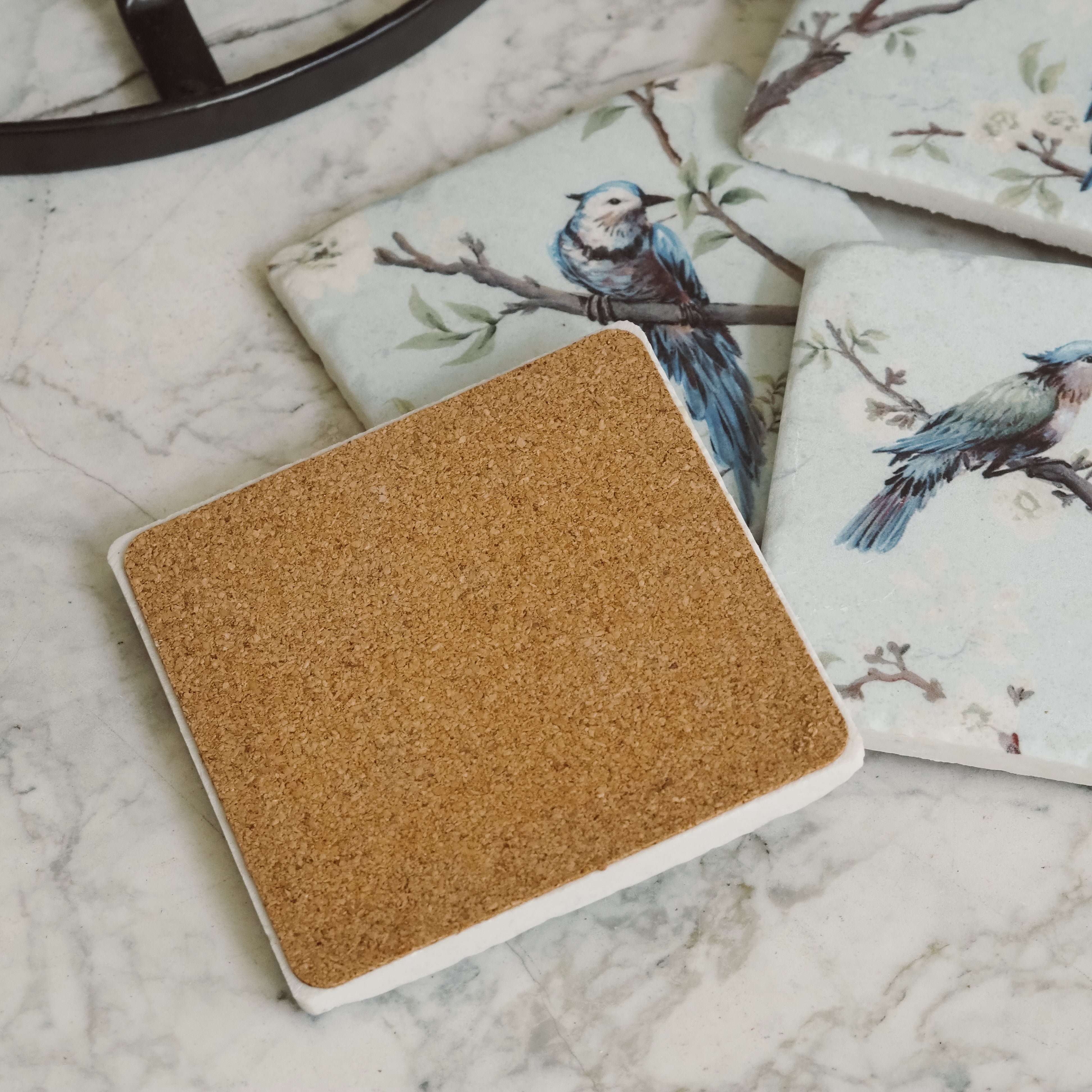 Untersetzer Vögel Zweige · 4er-Set Keramik Kork Naturmalerei 10cm