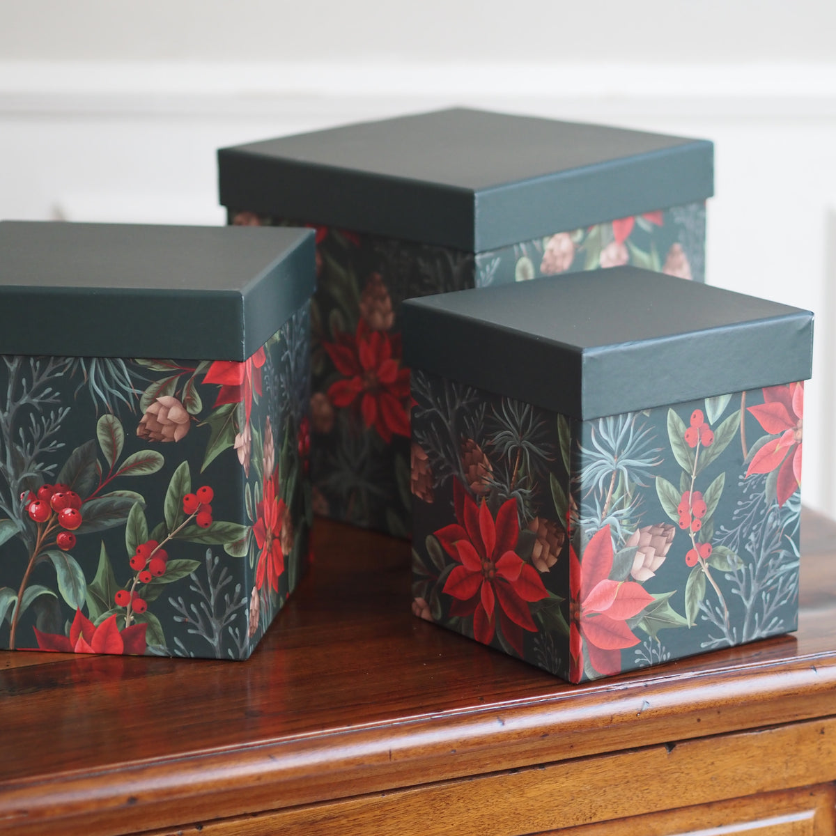 Aufbewahrungsbox 3er-Set · Weihnachtsstern-Dekor Dunkelgrün