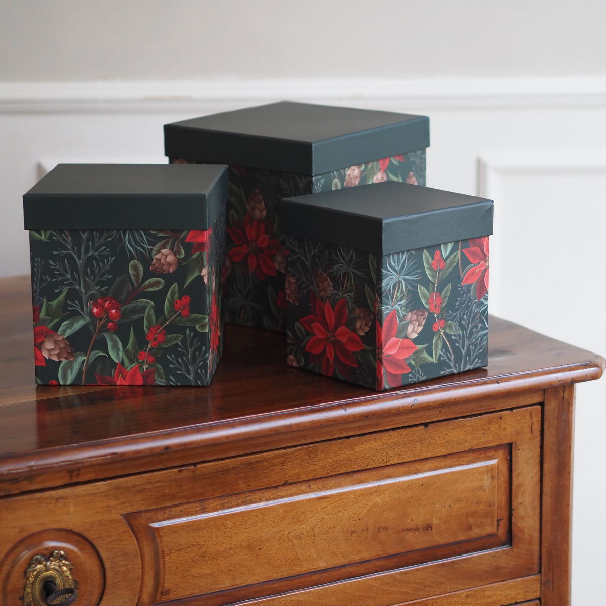 Aufbewahrungsbox 3er-Set · Weihnachtsstern-Dekor Dunkelgrün