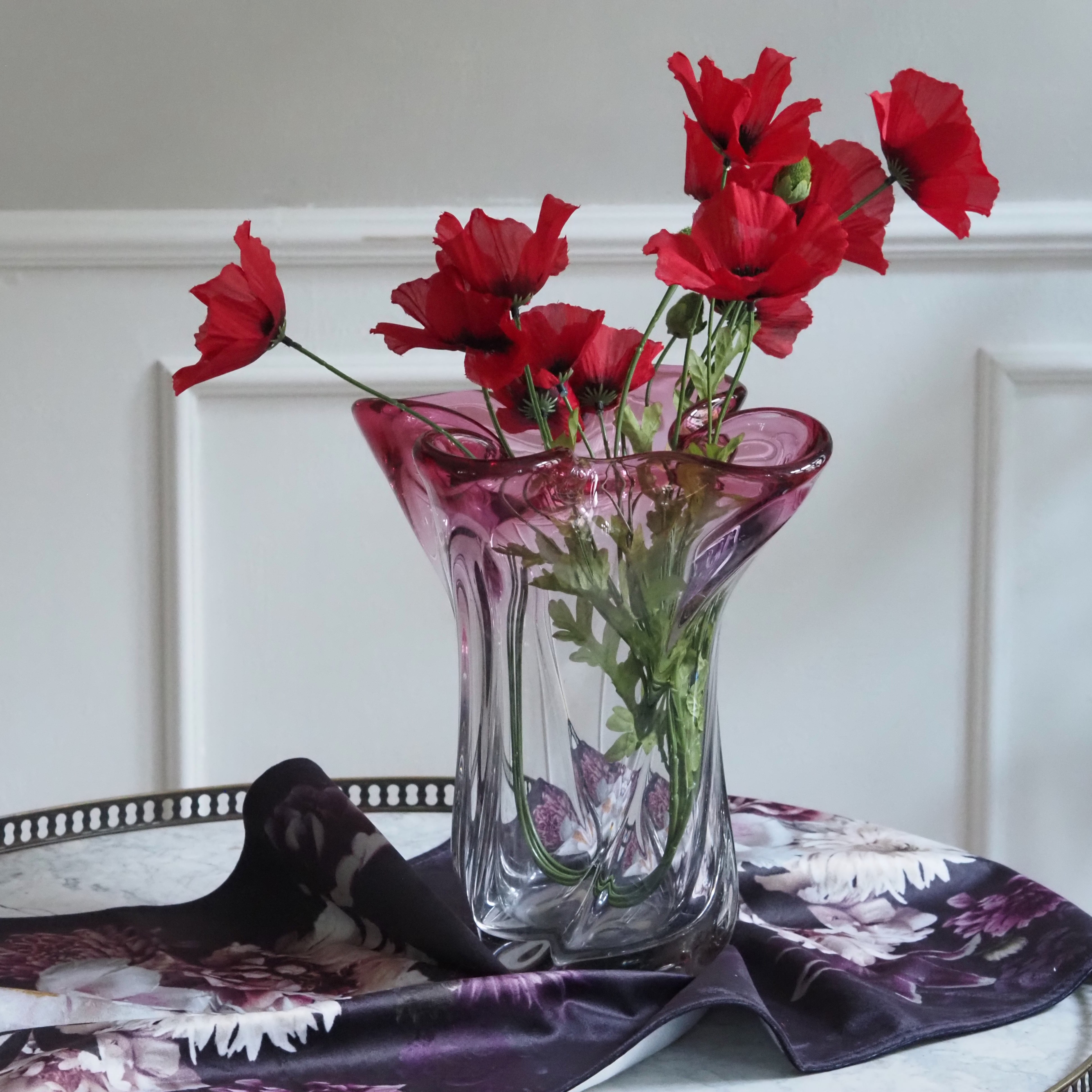 Mohnzweig Rot · Textilblüte mit Knospe im naturgetreuen Stil