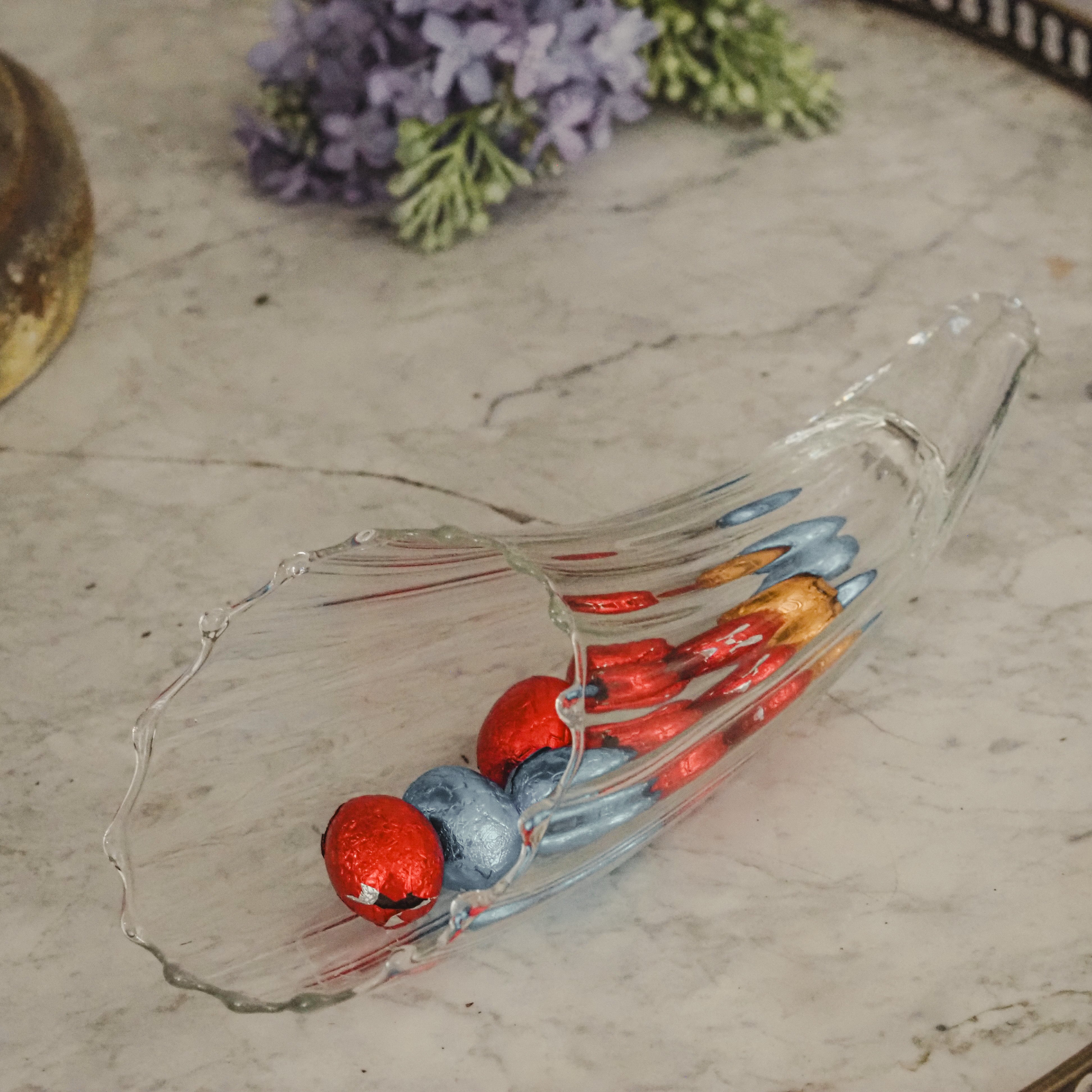 Füllhorn-Schale Glas · Liegende Muschelschale mit gewelltem Rand · Vintage