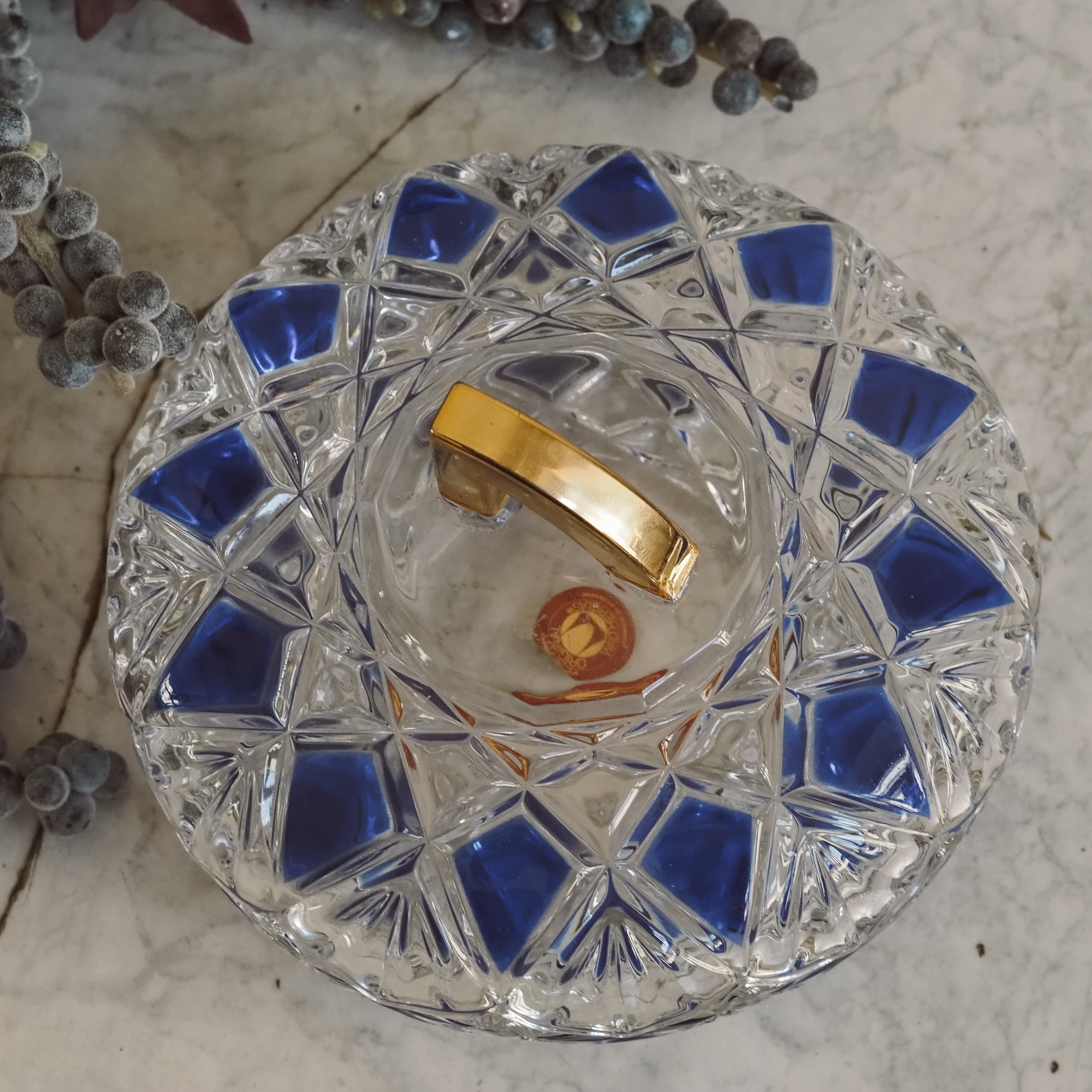 Deckelschale · Pressglas mit kobaltblauem Dekor · Waltherglas Deutschland