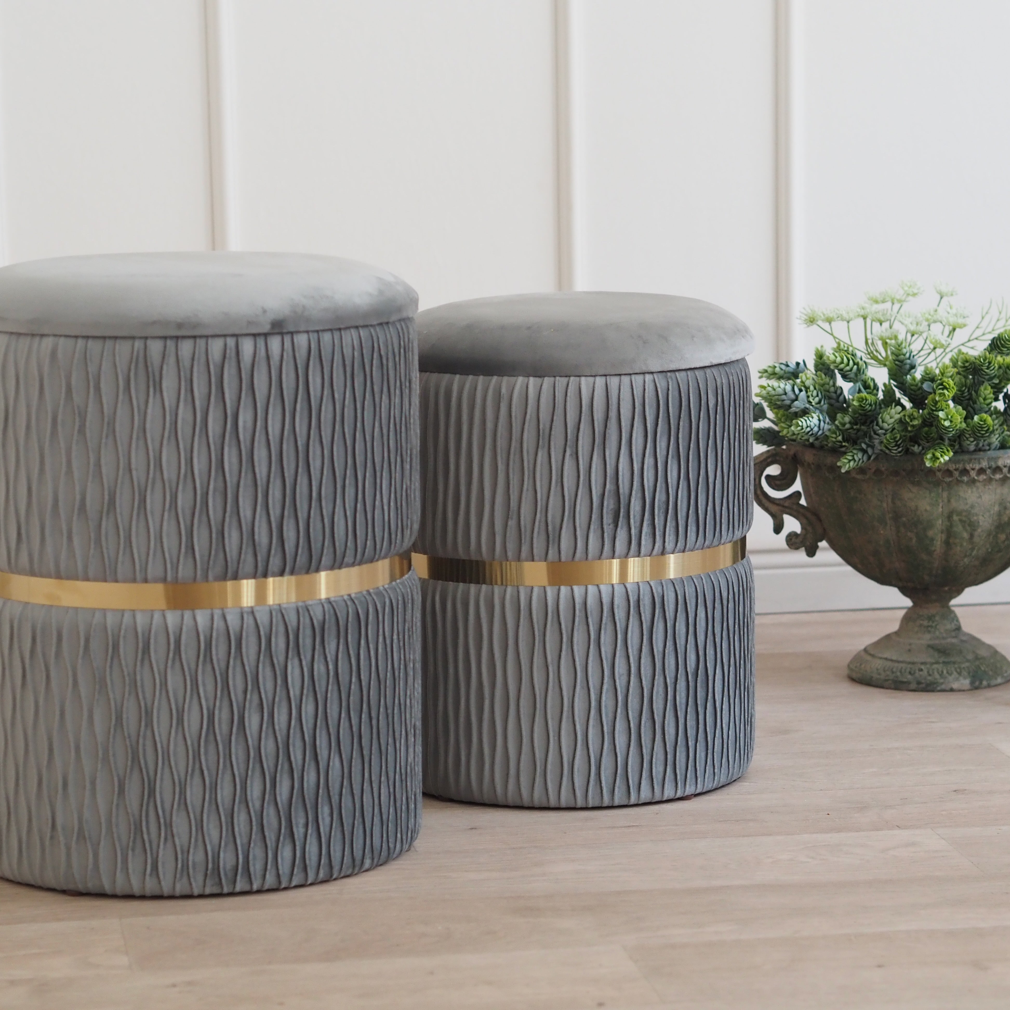 Hocker-Pouf 2er-Set · Samt mit Stauraum und Deckel in Grau-Gold