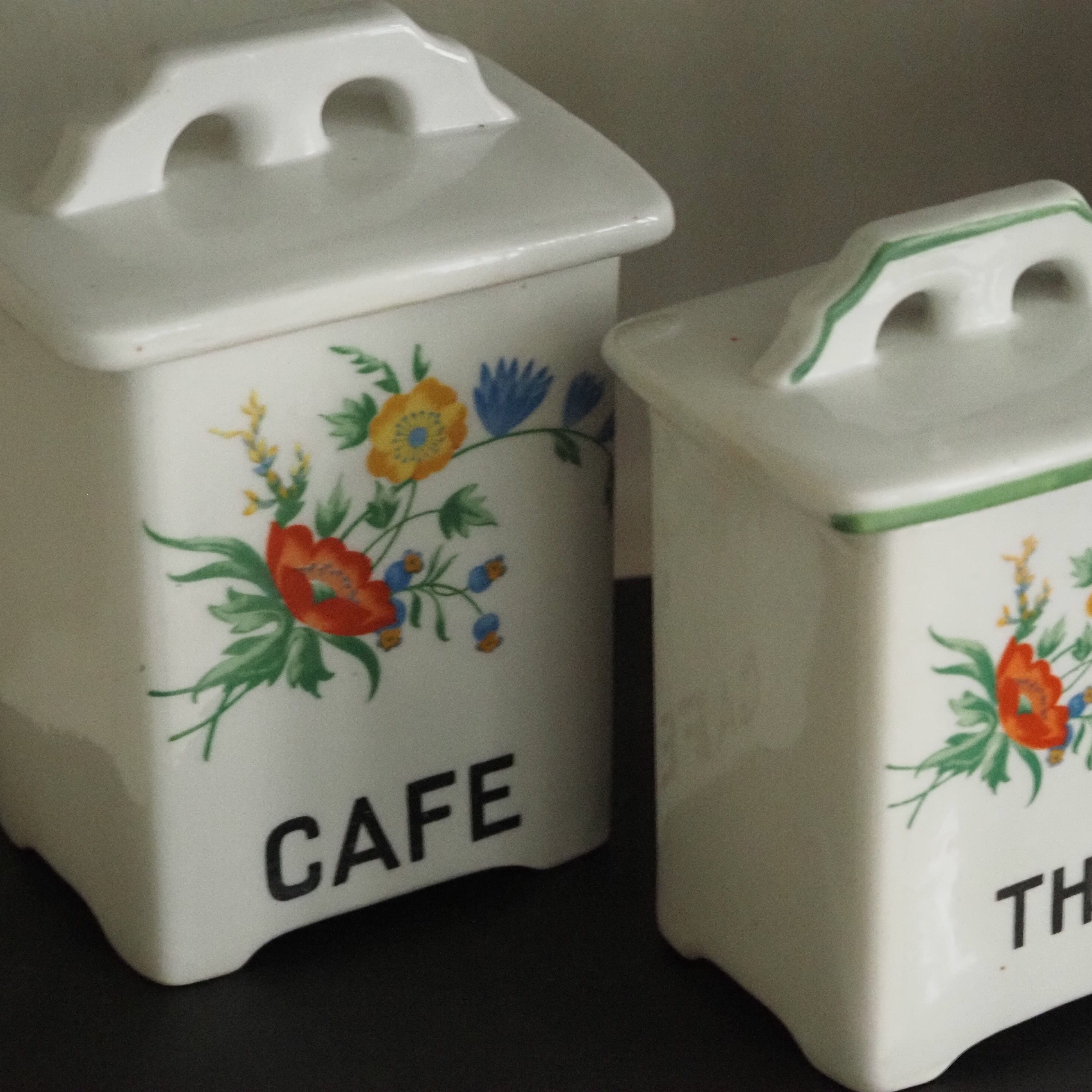 Vintage Vorratsdosen 4er Set · französisch beschriftete Keramikdosen