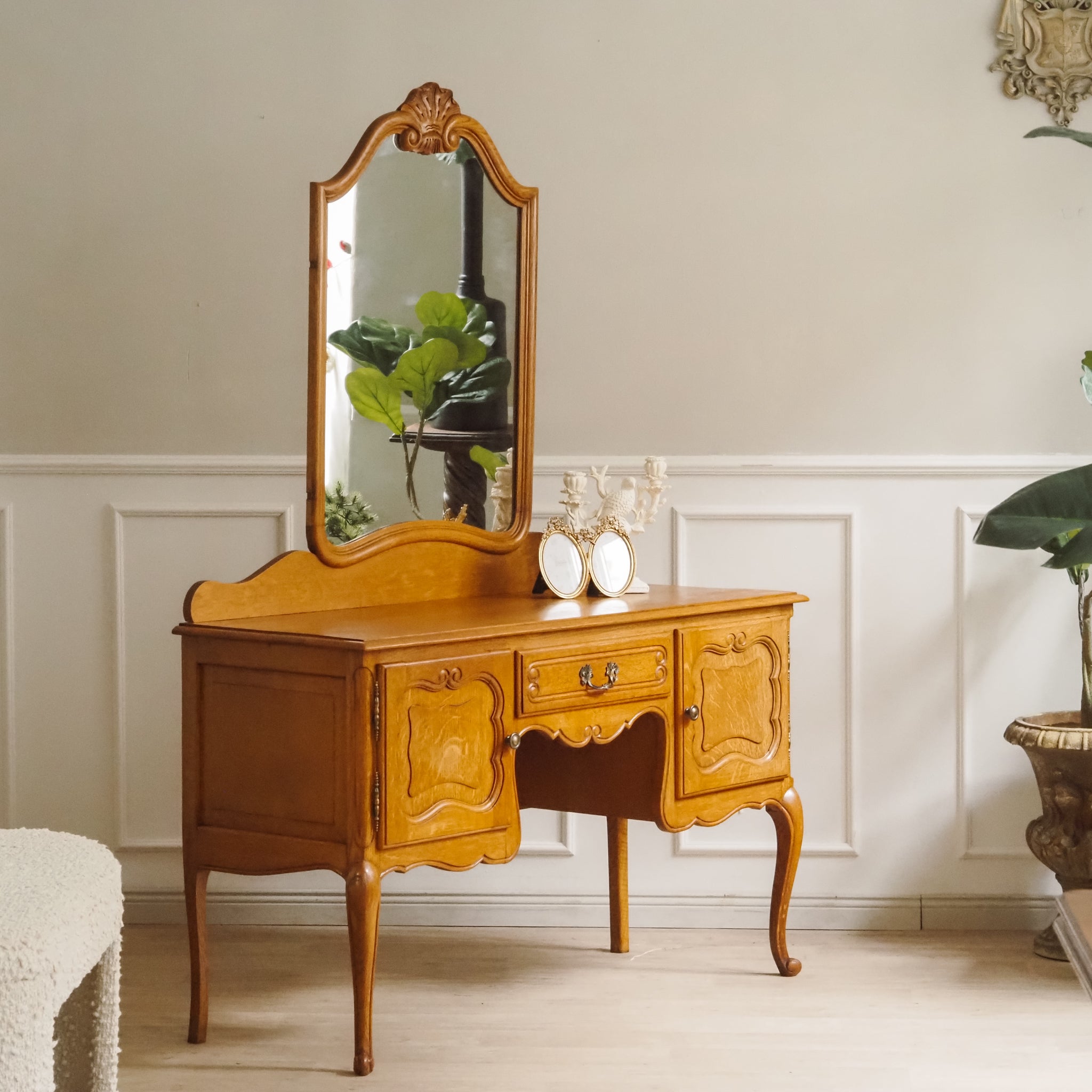 Französischer Frisiertisch mit Spiegel aus Eiche - Vintage Schminkkommode