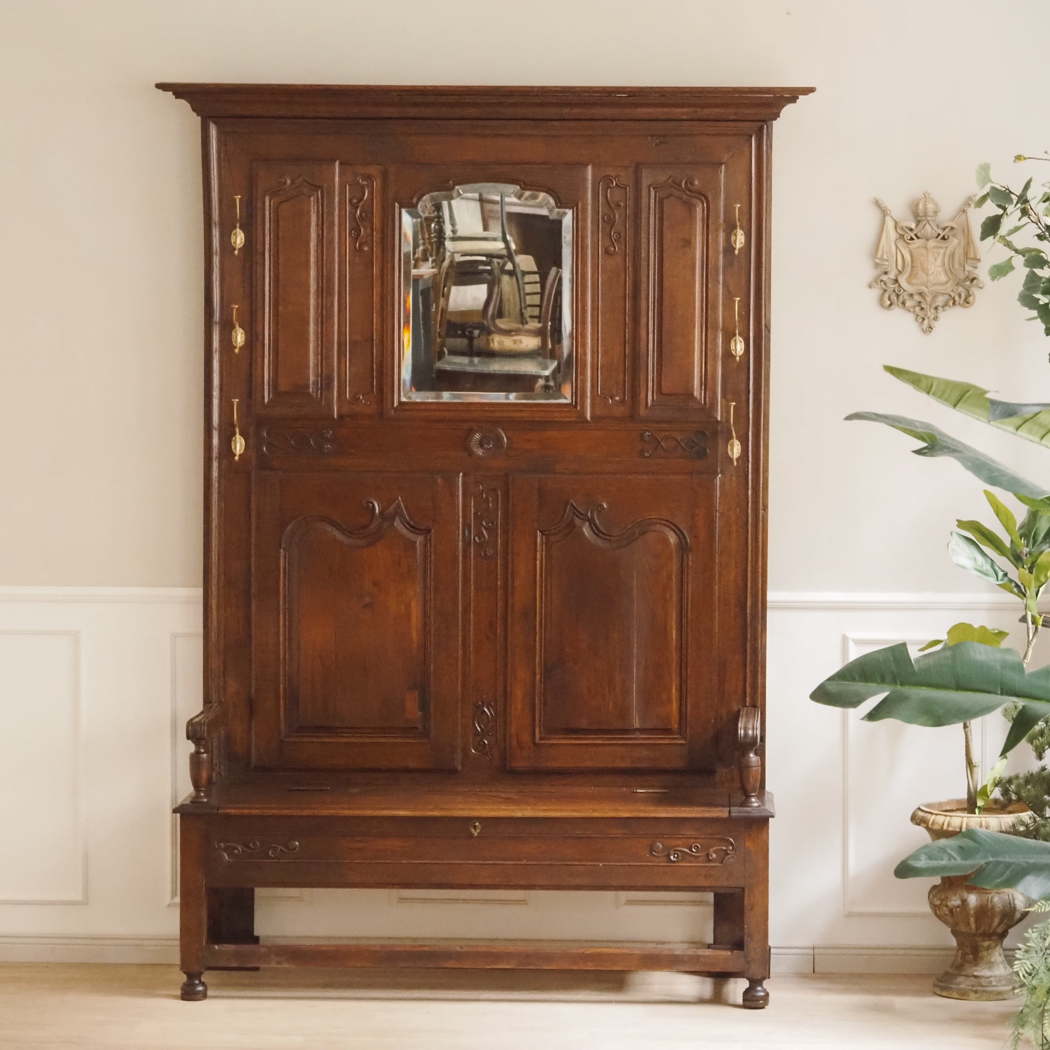 Antike Garderobenbank aus Eiche mit Spiegel um 1900 - Gründerzeit Flurgarderobe