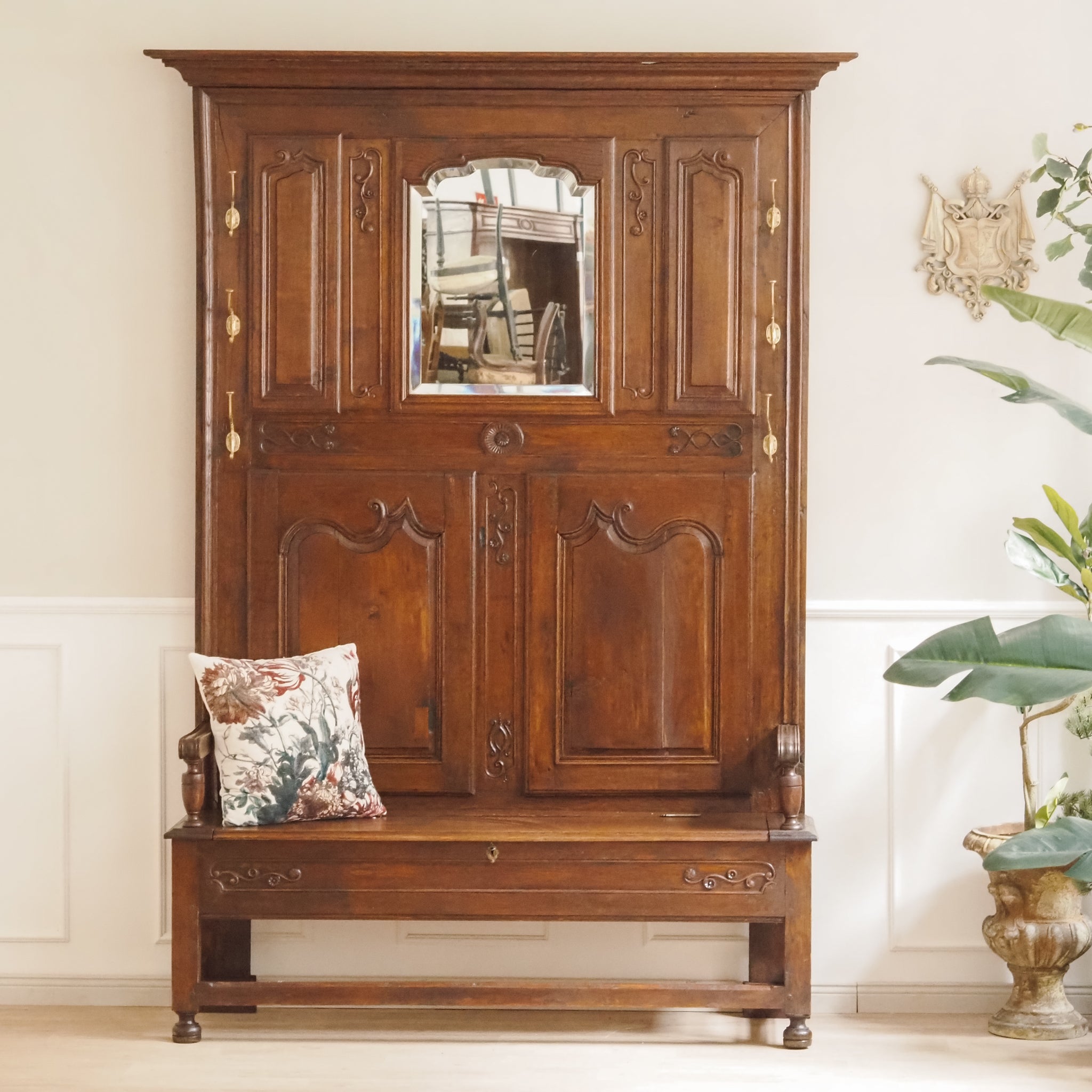 Antike Garderobenbank aus Eiche mit Spiegel um 1900 - Gründerzeit Flurgarderobe