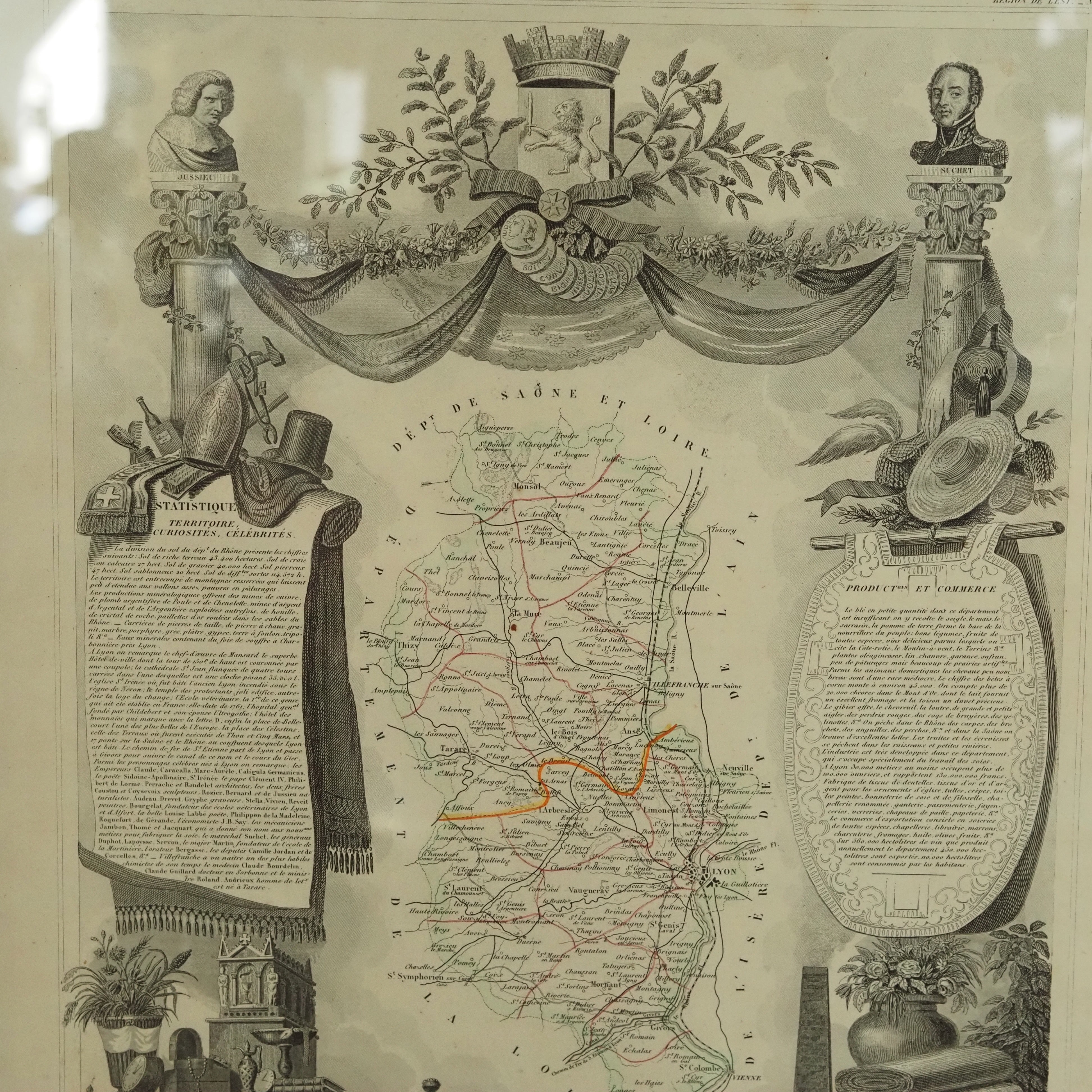 Gerahmte Kupferstich-Karte · Département du Rhône · Französische Administrativkarte
