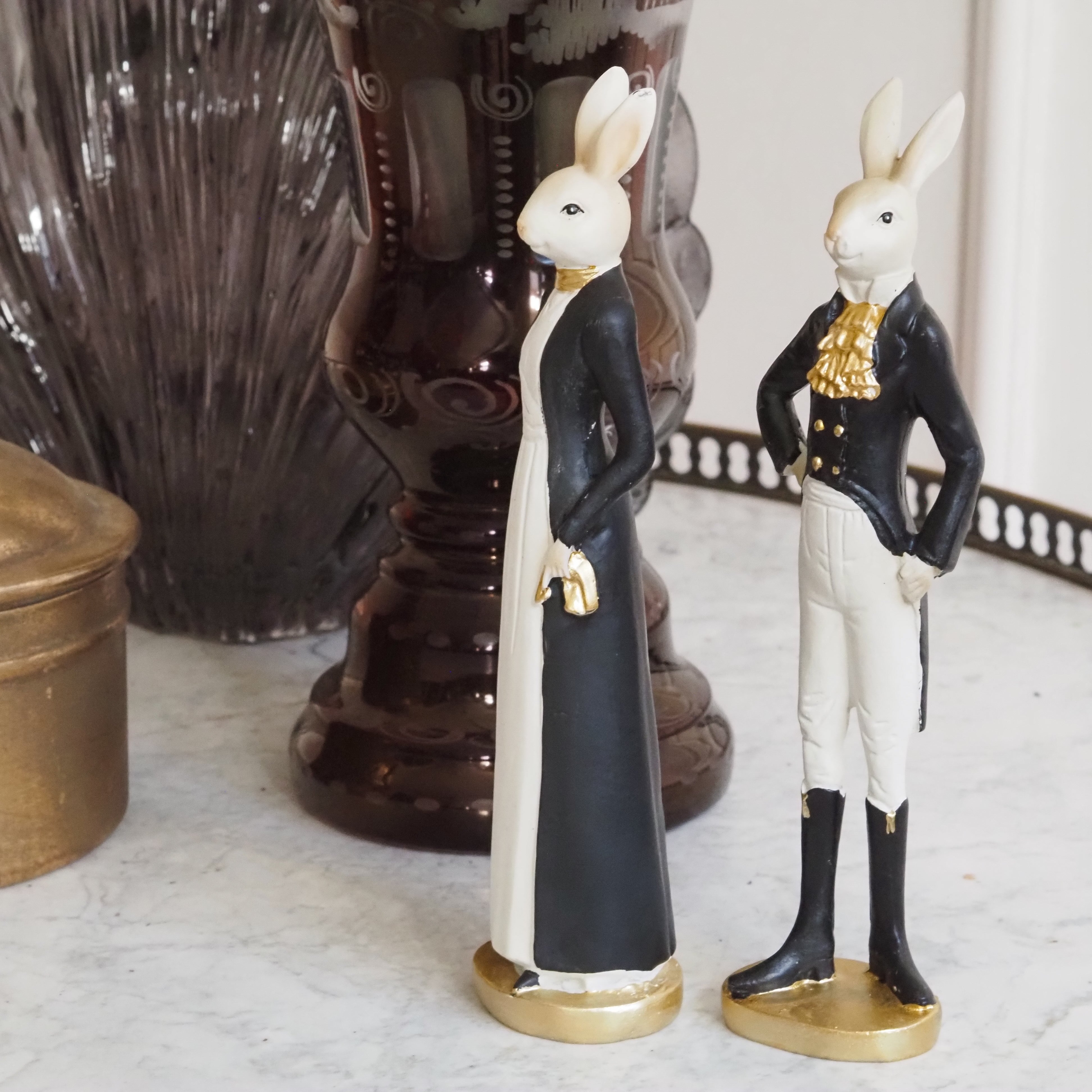 Hasenpaar · Figurenset in Schwarz-Weiß-Gold, Vintage Nostalgie Osterhasen