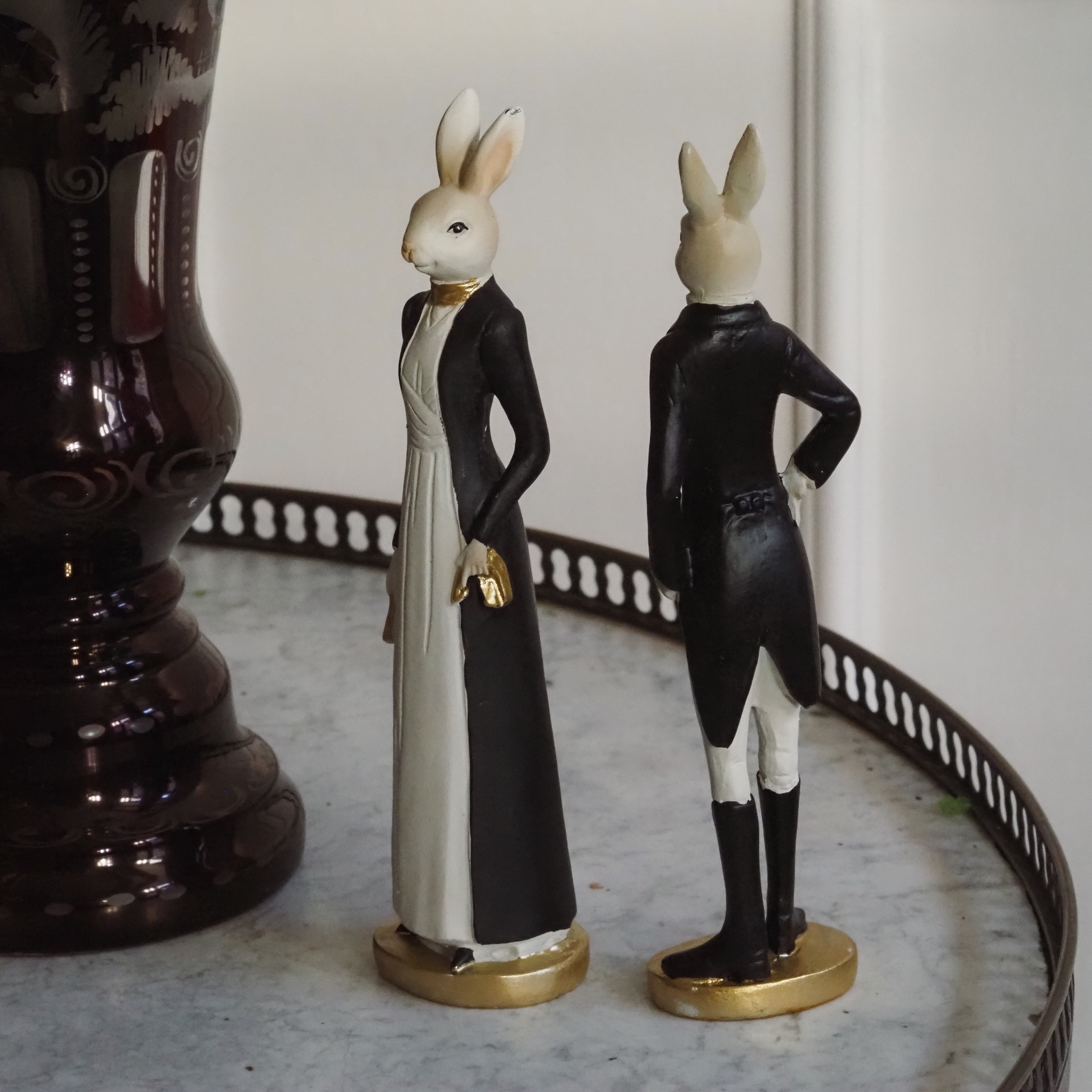 Hasenpaar · Figurenset in Schwarz-Weiß-Gold, Vintage Nostalgie Osterhasen