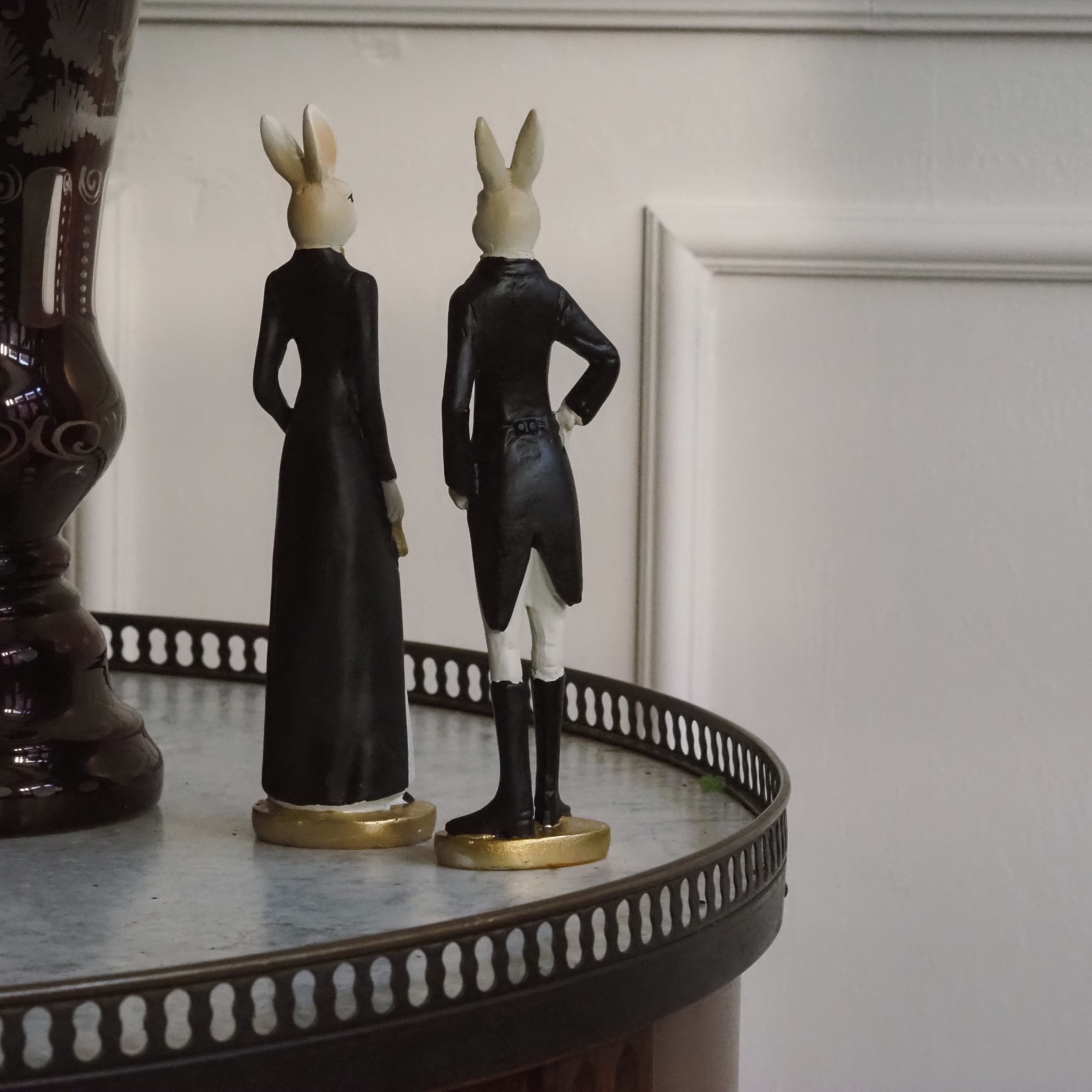 Hasenpaar · Figurenset in Schwarz-Weiß-Gold, Vintage Nostalgie Osterhasen