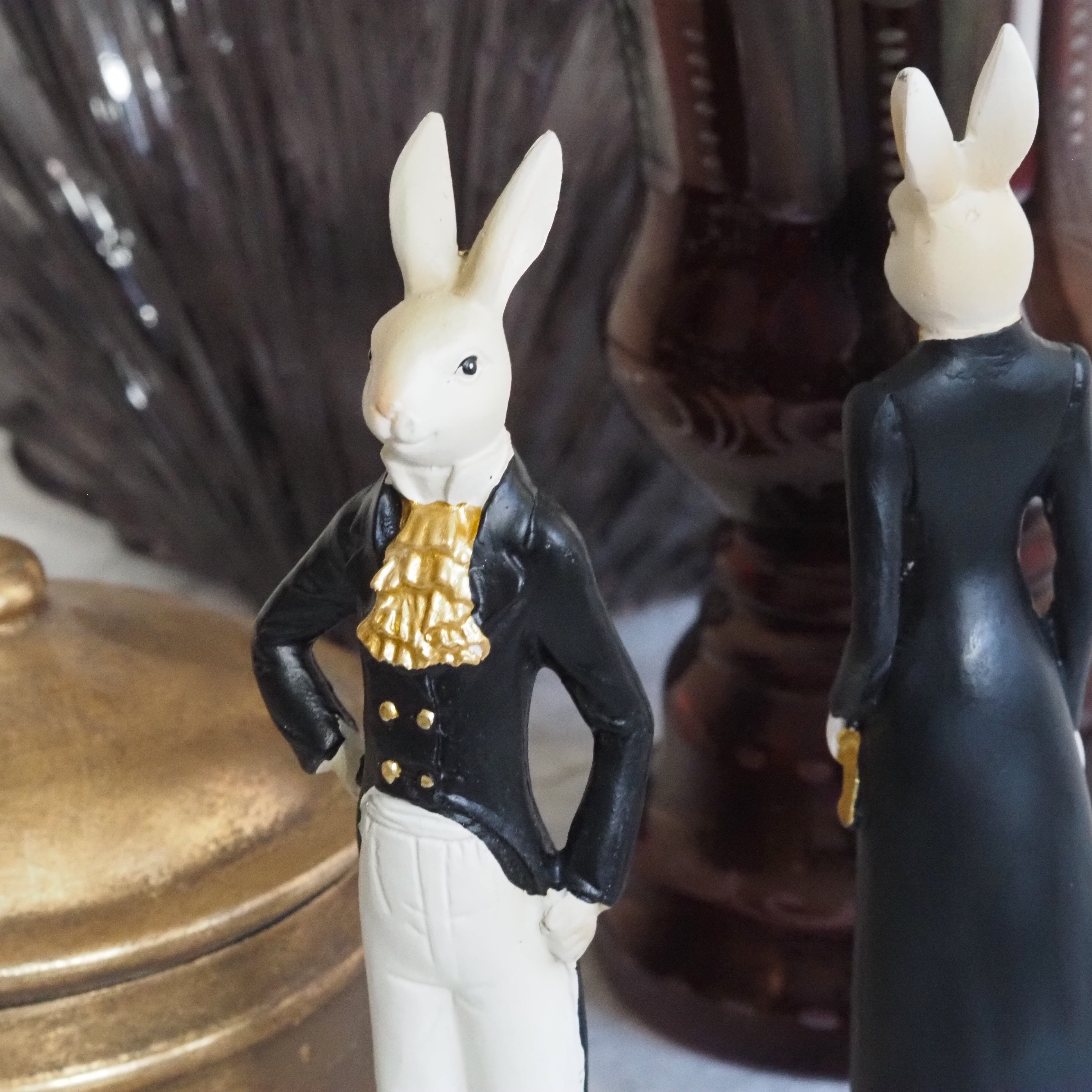 Hasenpaar · Figurenset in Schwarz-Weiß-Gold, Vintage Nostalgie Osterhasen