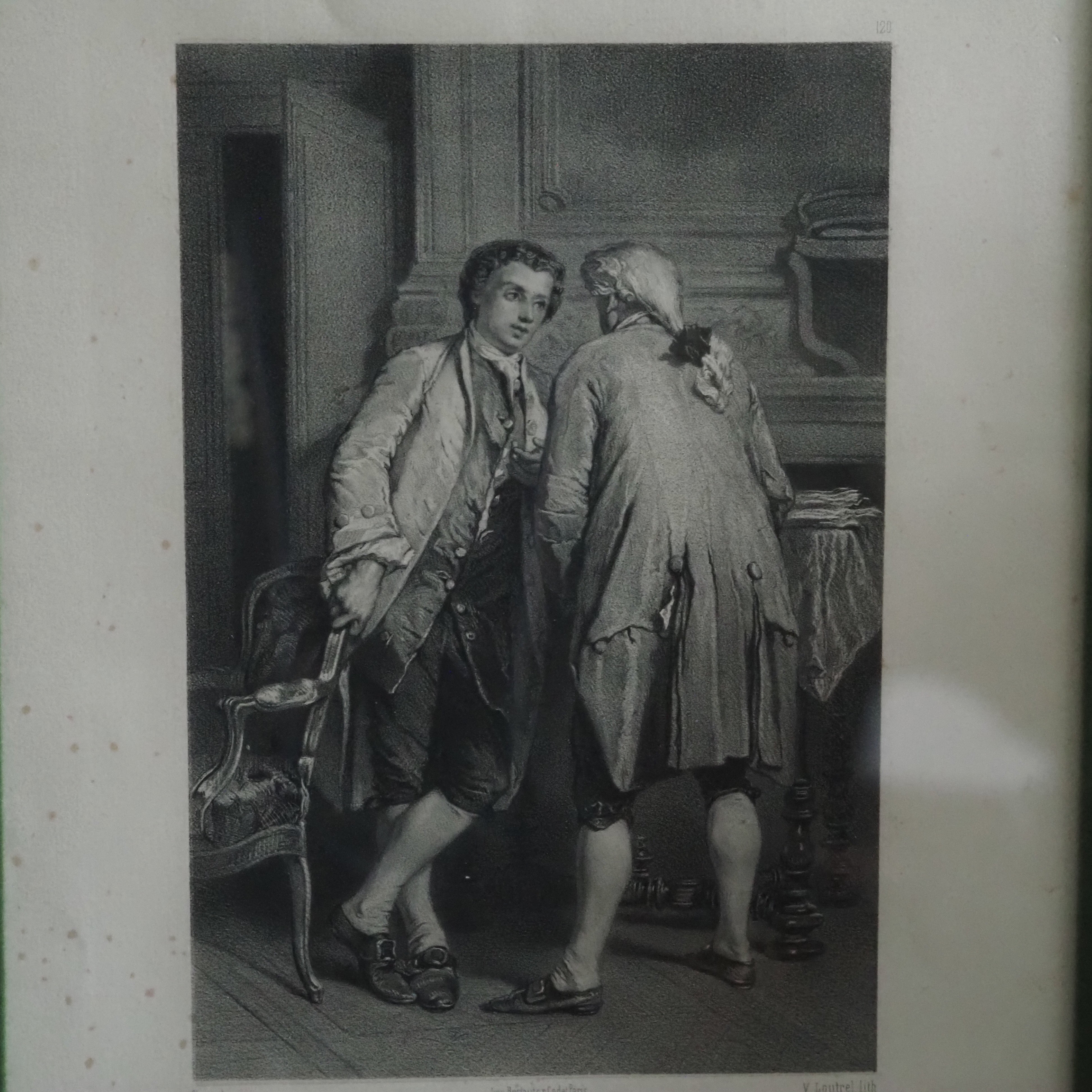Lithografie 19. Jahrhundert · Rokoko-Szene im vergoldeten Rahmen mit grünem Passepartout