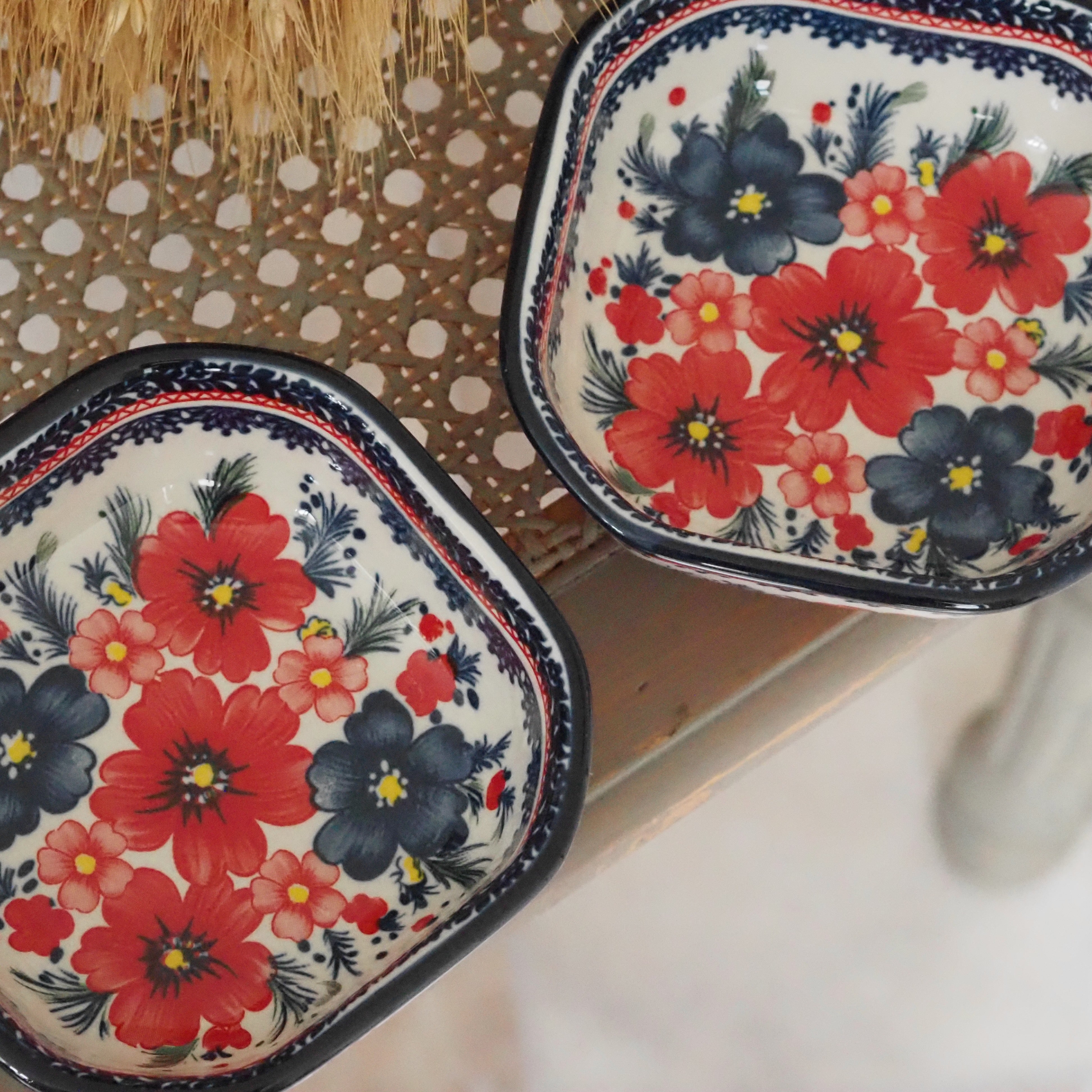 Keramikschale Blumendekor · Blau Rot Bunzlauer Tradition