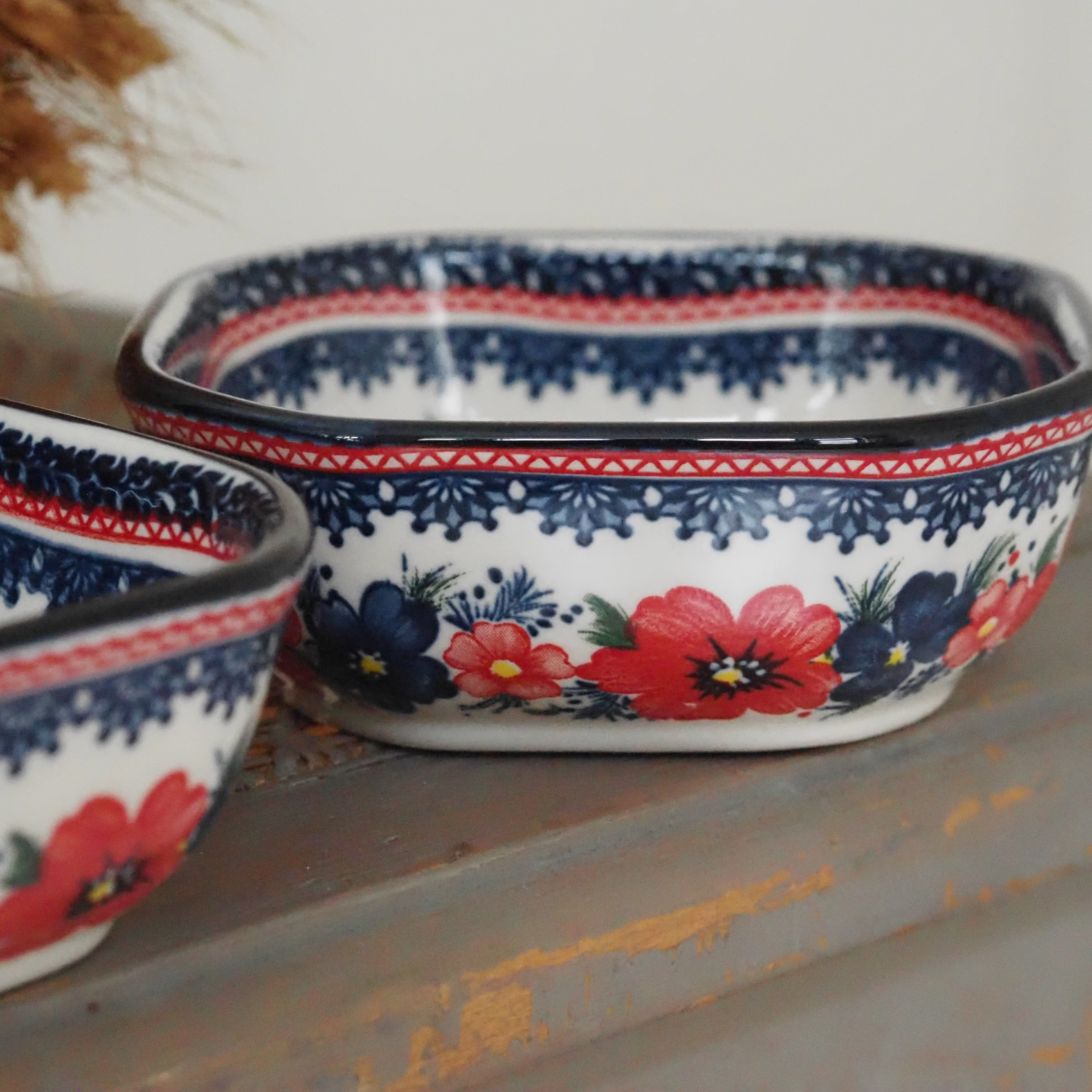 Keramikschale Blumendekor · Blau Rot Bunzlauer Tradition