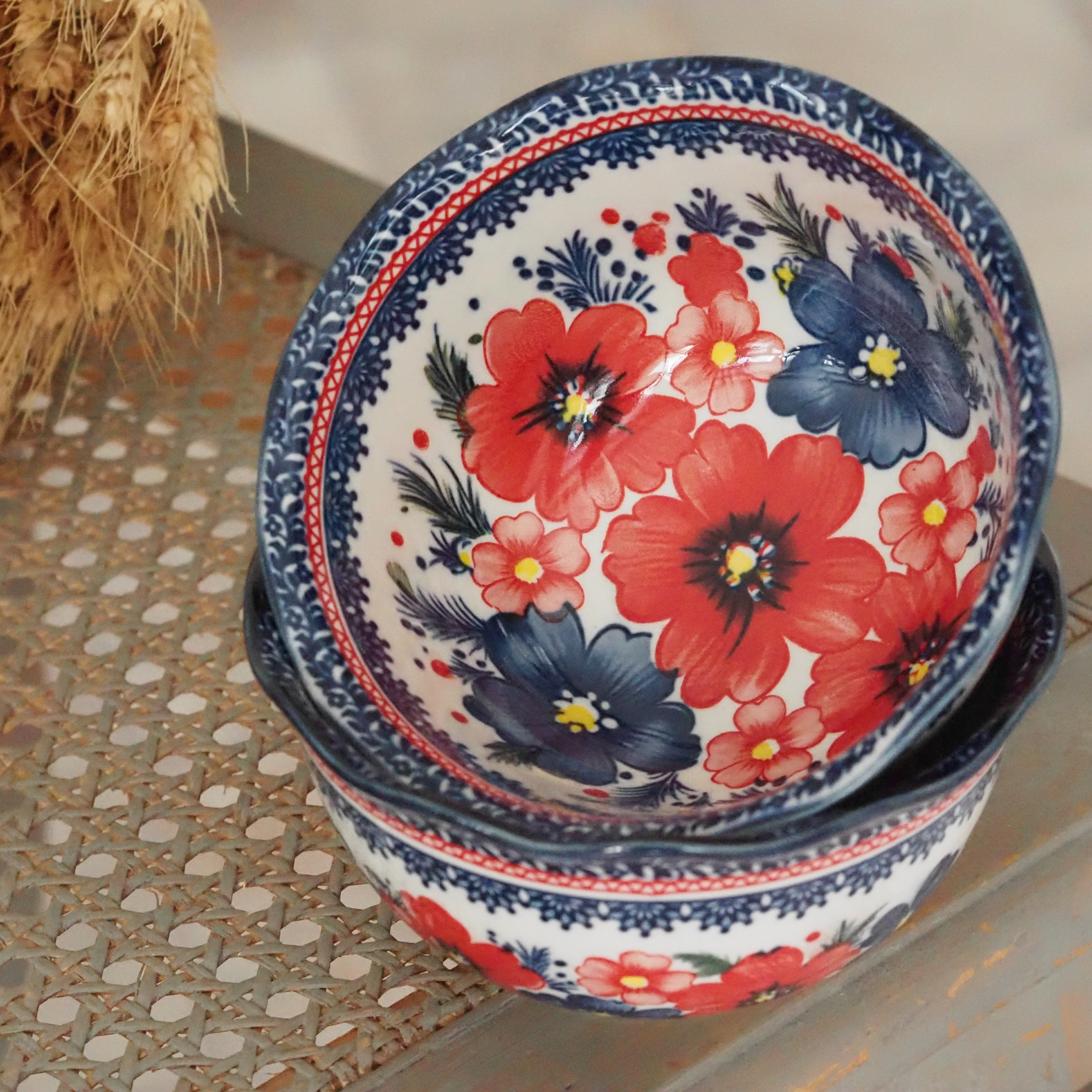 Keramikschale Blumendekor · Blau Rot Bunzlauer Tradition