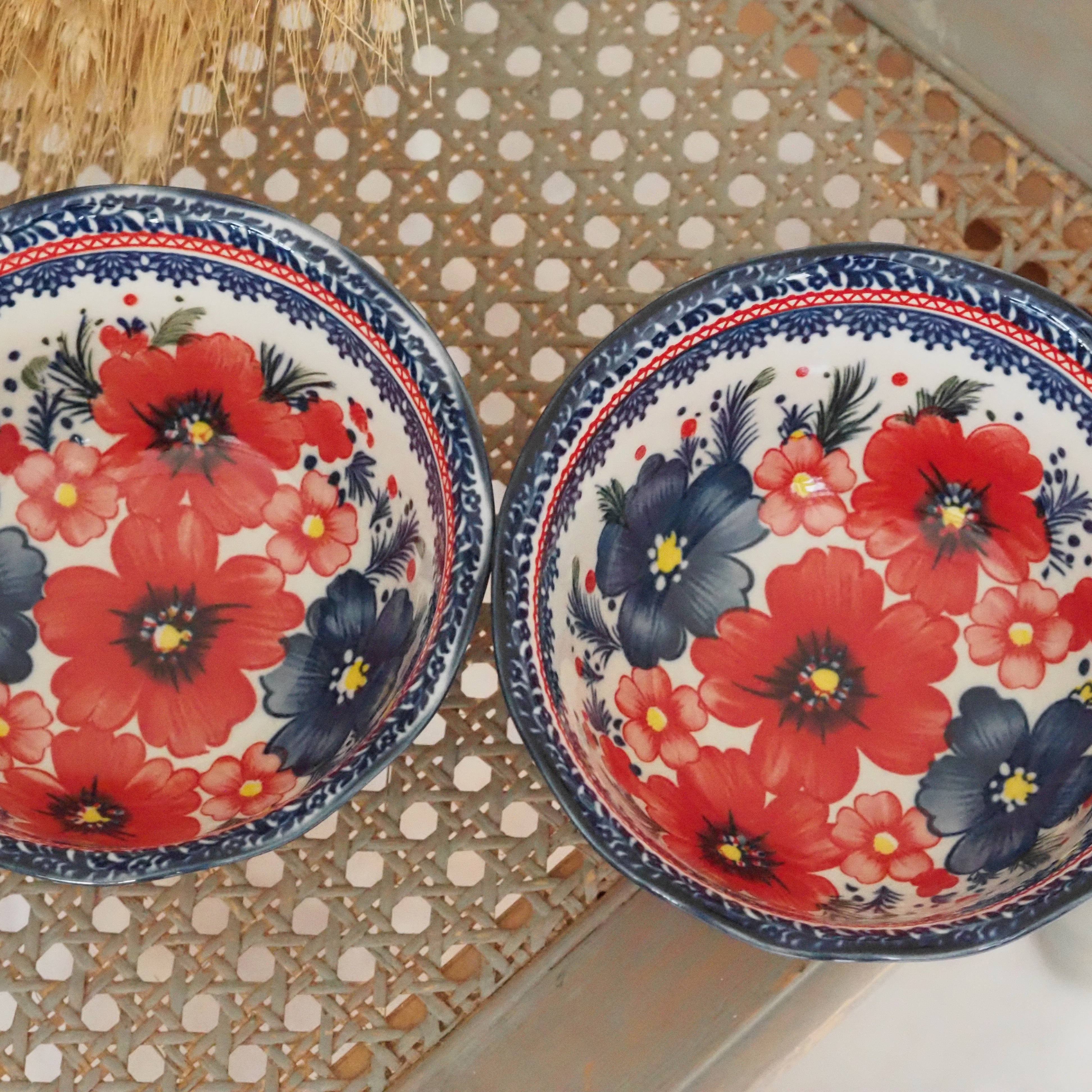 Keramikschale Blumendekor · Blau Rot Bunzlauer Tradition