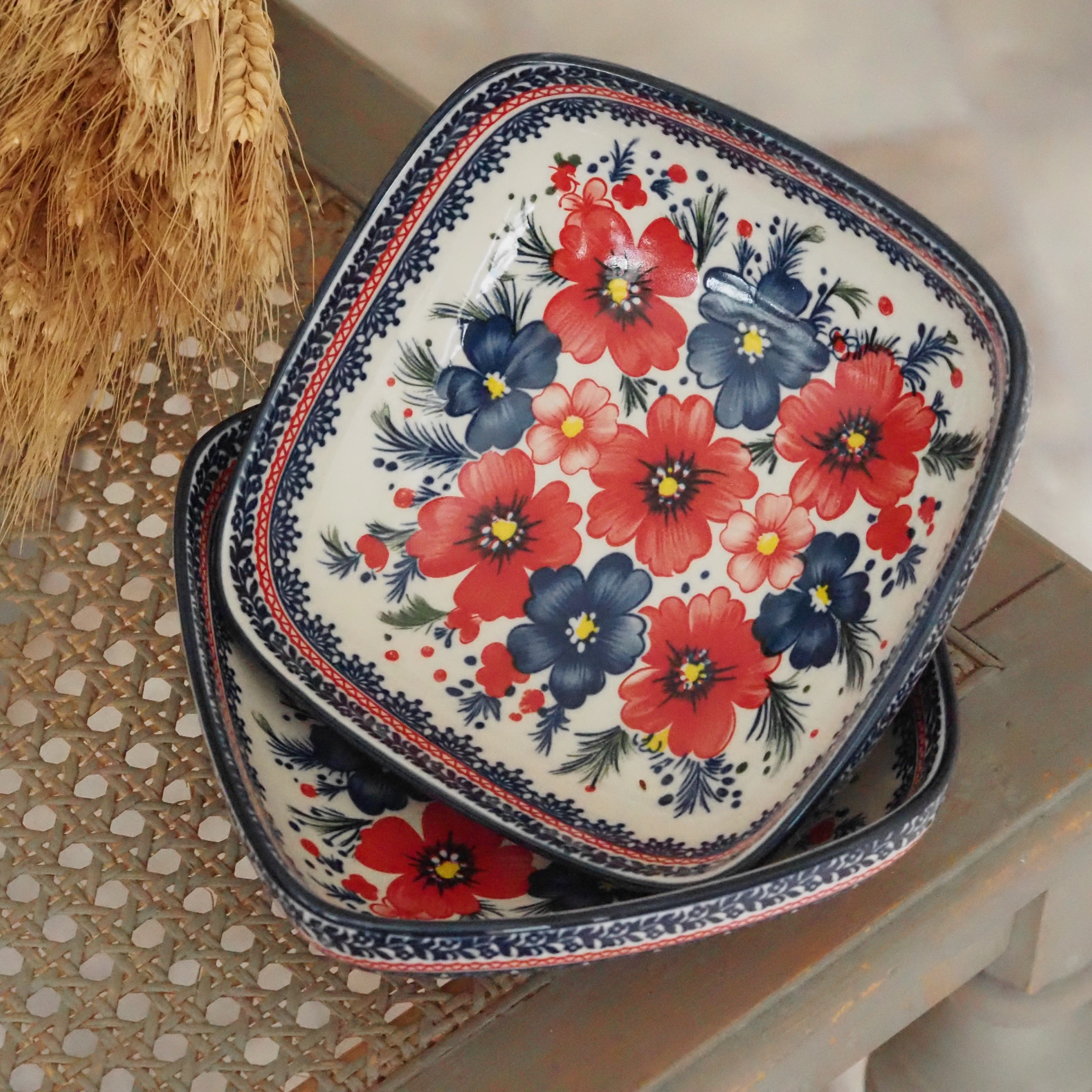 Keramikschale Blumendekor · Blau Rot Bunzlauer Tradition