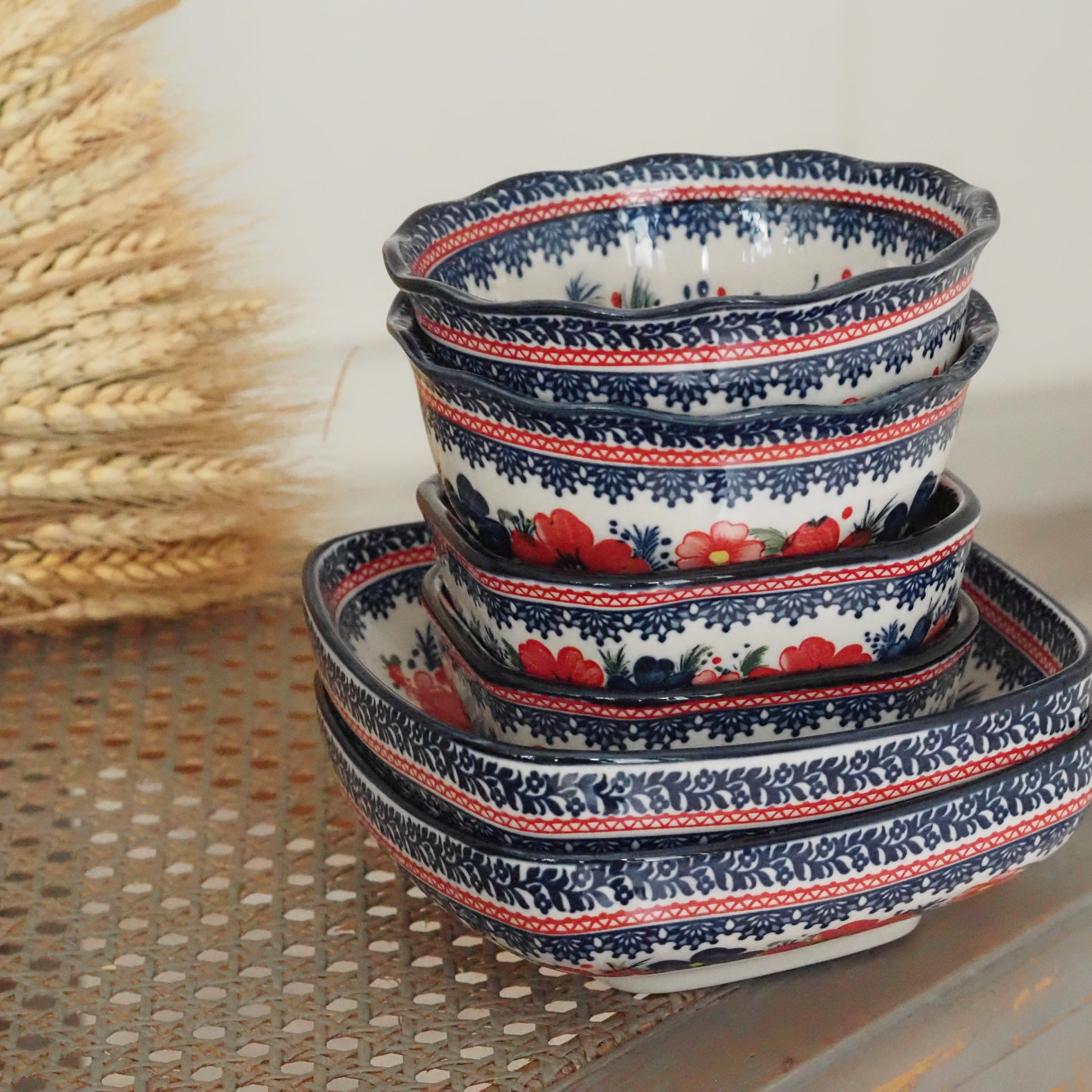 Keramikschale Blumendekor · Blau Rot Bunzlauer Tradition