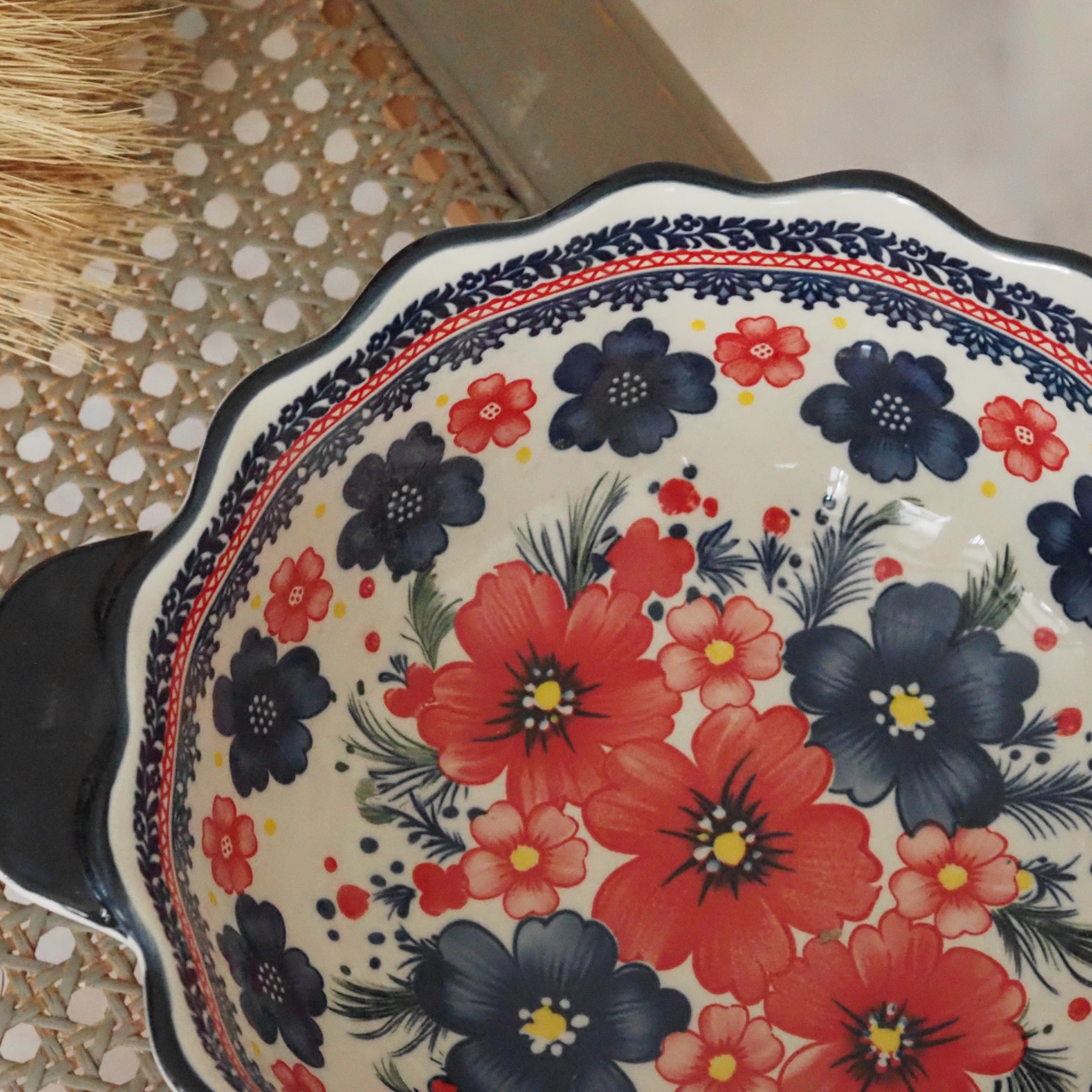 Keramikschale Blumendekor · Blau Rot Bunzlauer Tradition