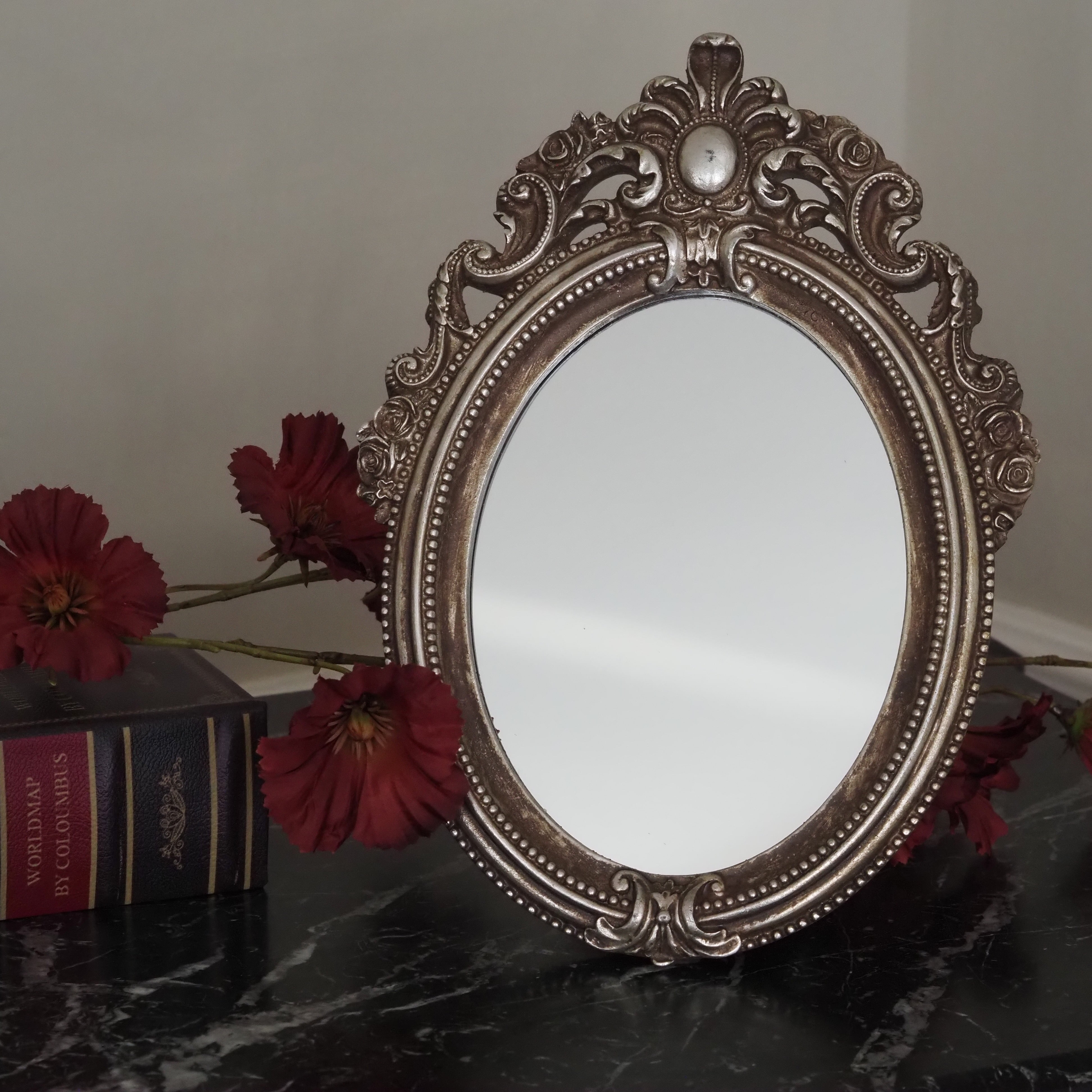 Ovaler Spiegelrahmen Antiksilber · Barockstil · 30 × 20 cm