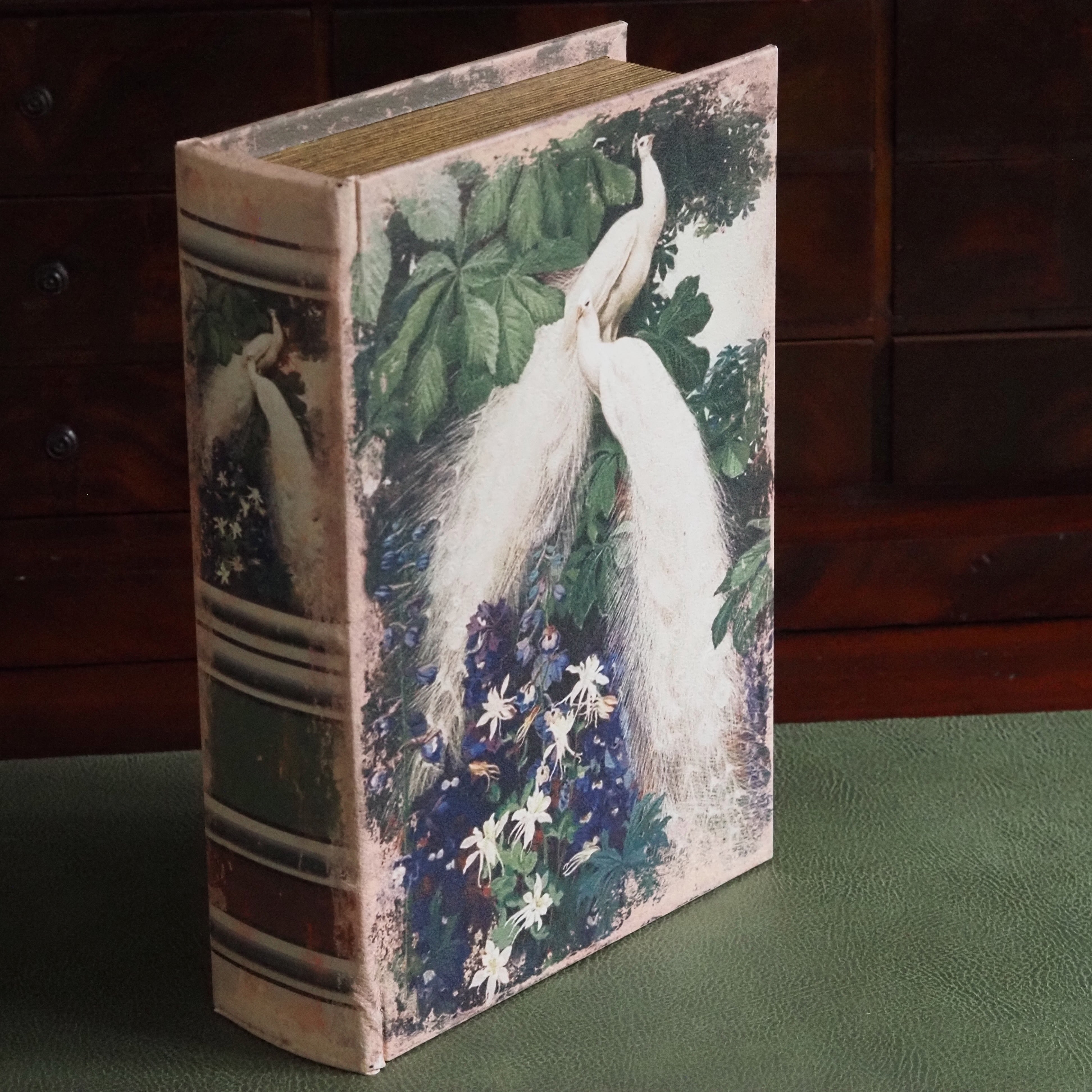 Buchdose Weiße Pfauen · Botanische Illustration Historismus Goldschnitt