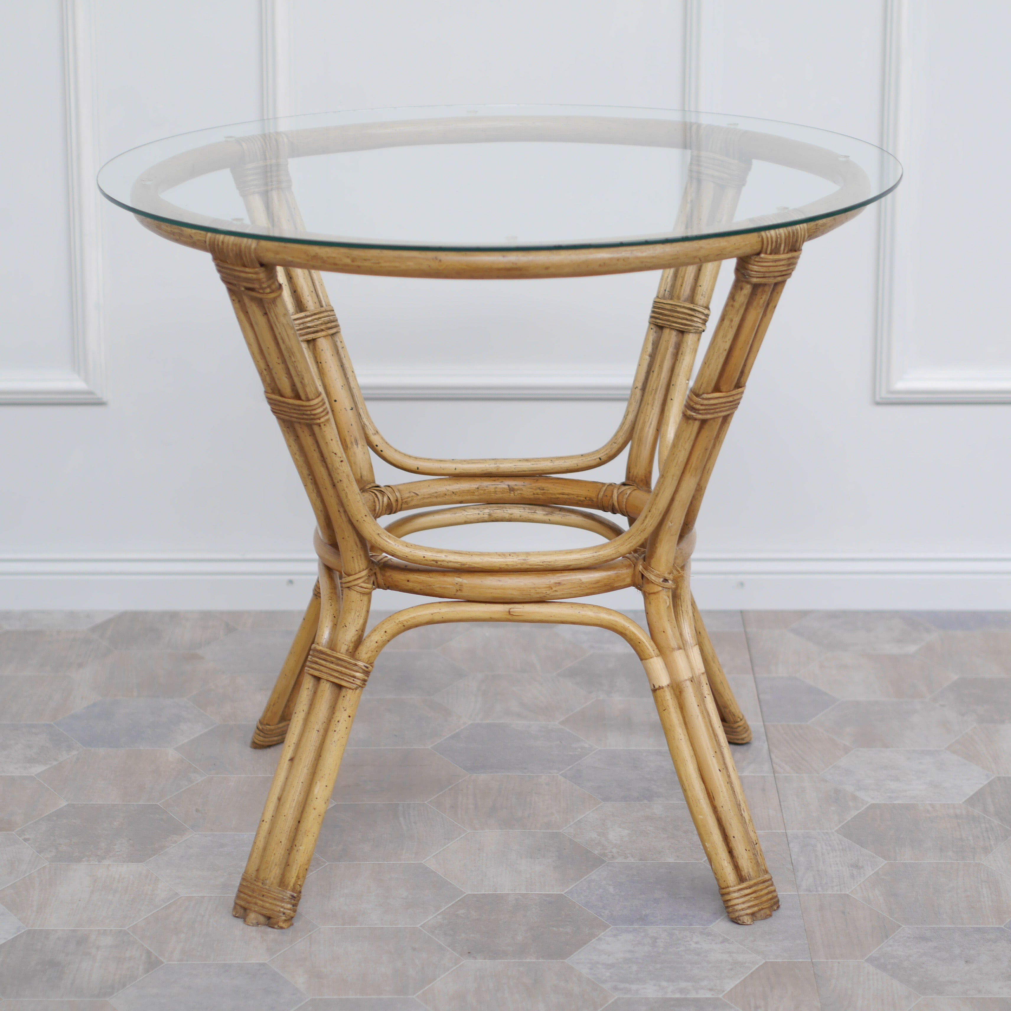 Runder Rattantisch mit Glasplatte - Vintage Gartentisch, Beistelltisch