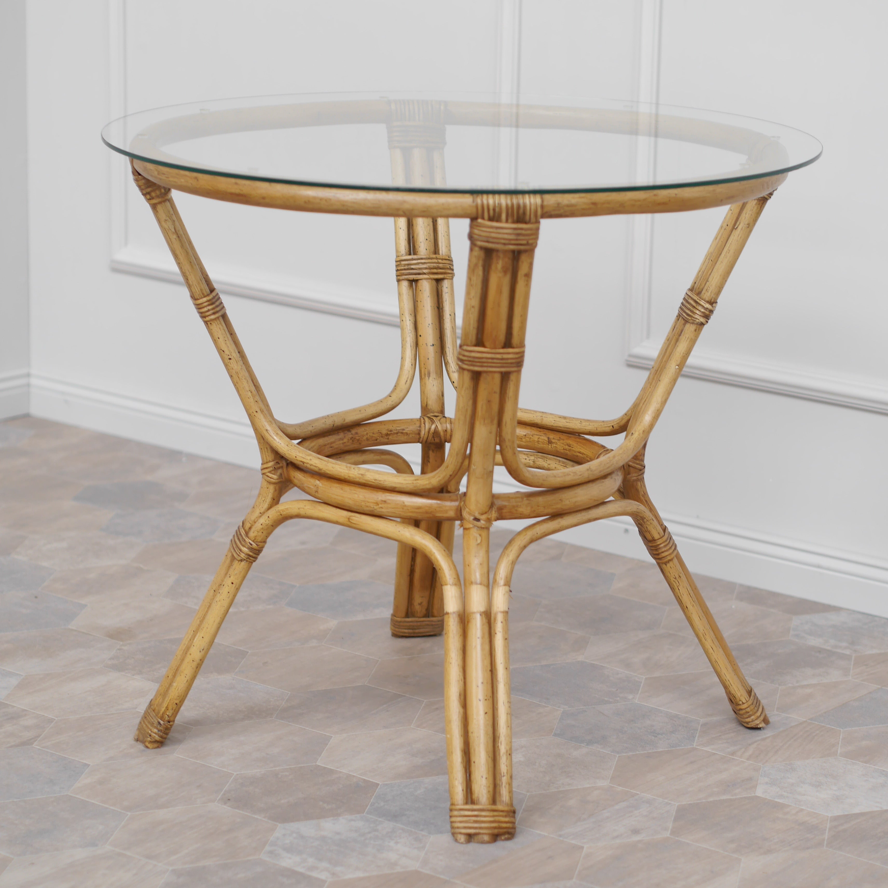 Runder Rattantisch mit Glasplatte - Vintage Gartentisch, Beistelltisch