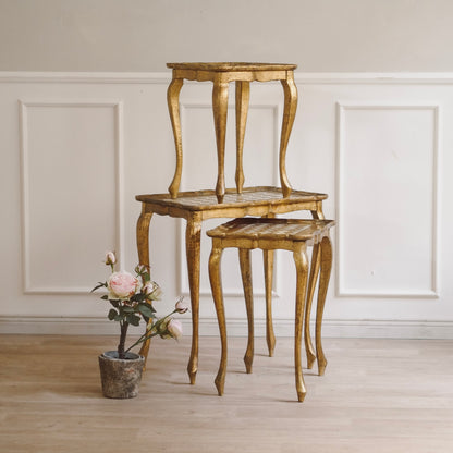 Handbemalte Italienische Vintage Satztische Florentiner Stil, Beistelltisch Set Gold