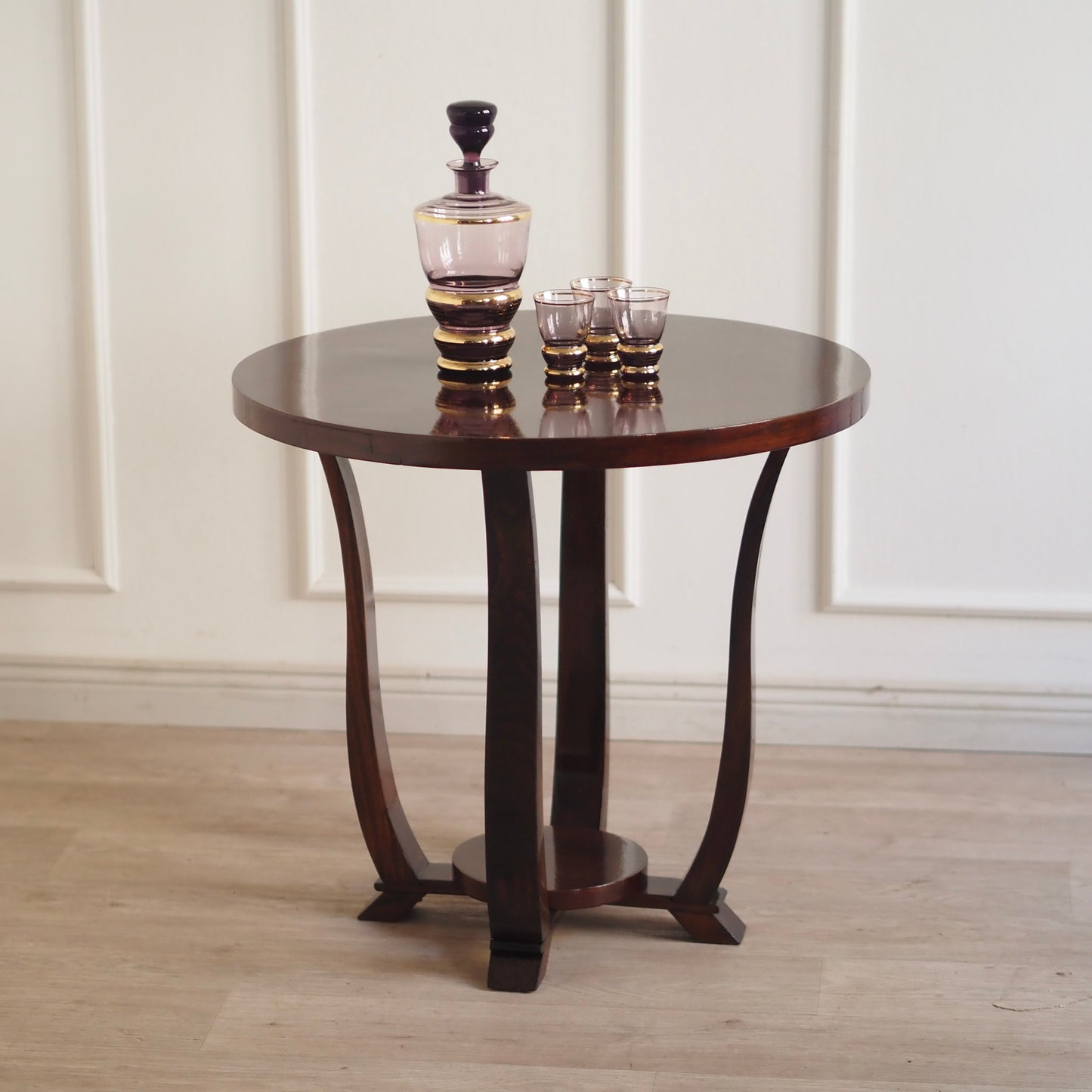 EPOCHE 1930 - Französischer Art Déco Design Beistelltisch rund mit Ablagefläche Hochglanz