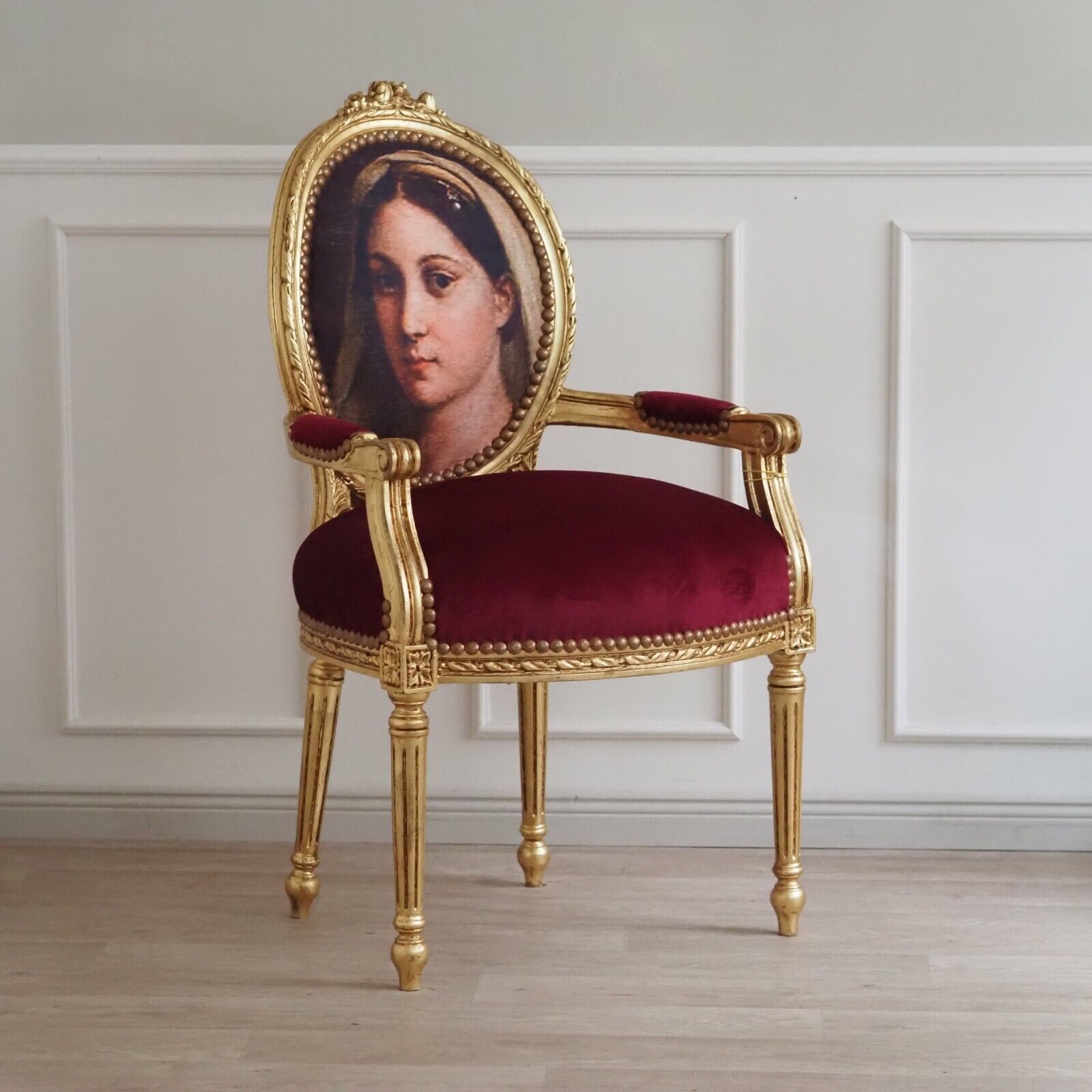 Vintage Sessel Armlehnstuhl rotes Polster Gold Prinzessin Barock Louis Armchair