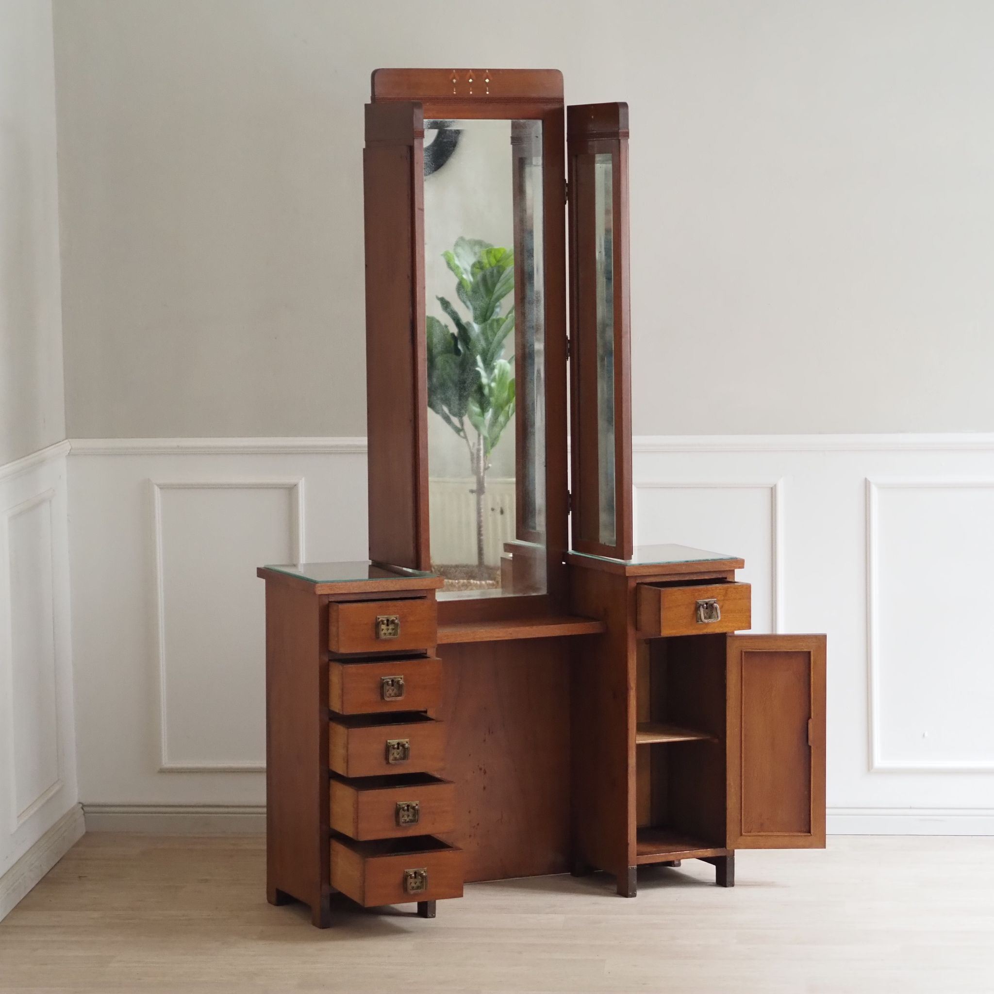 Jugendstil-Frisiertisch mit drei Spiegeln und Perlmutt Intarsien