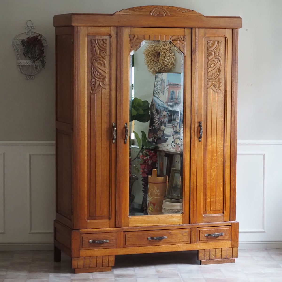 Art-Déco Kleiderschrank Eiche mit Spiegeltür um 1930