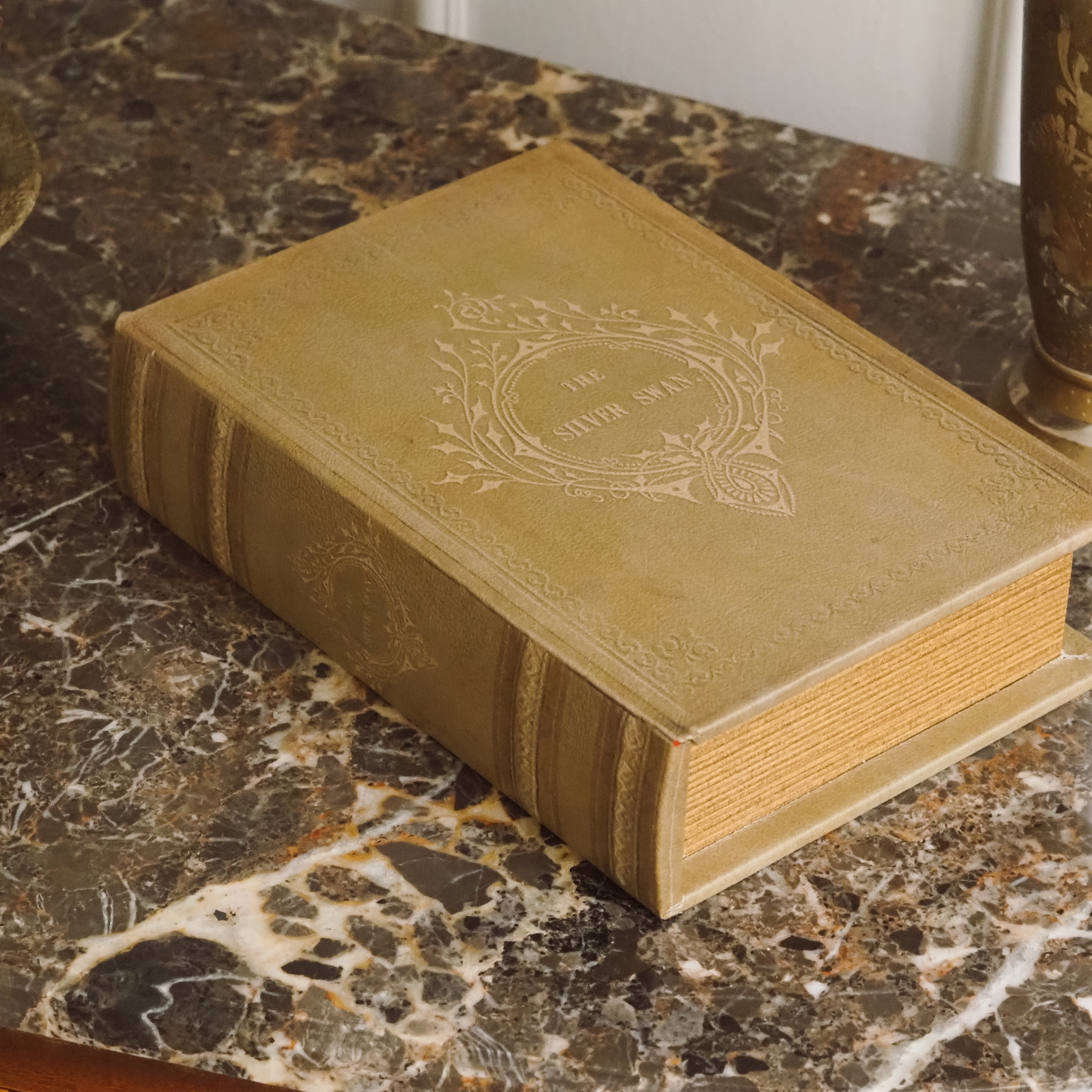 Aufbewahrungsbuch Olivbeige · Geprägte Buchbox im Stil viktorianischer Prachteinbände