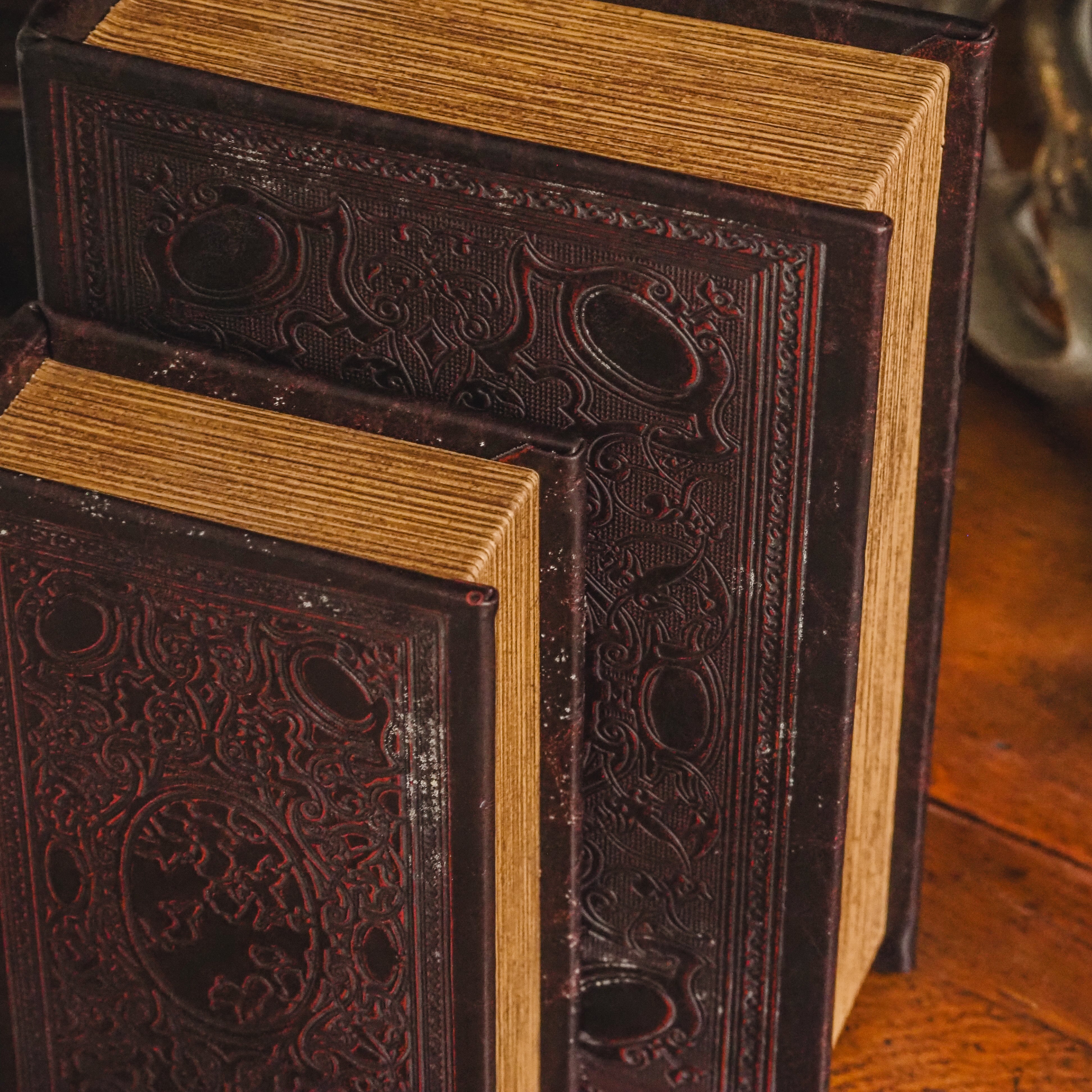 Dekoratives Buchset · Zwei Bände in Bordeaux mit Lederprägung, Historismus-Stil