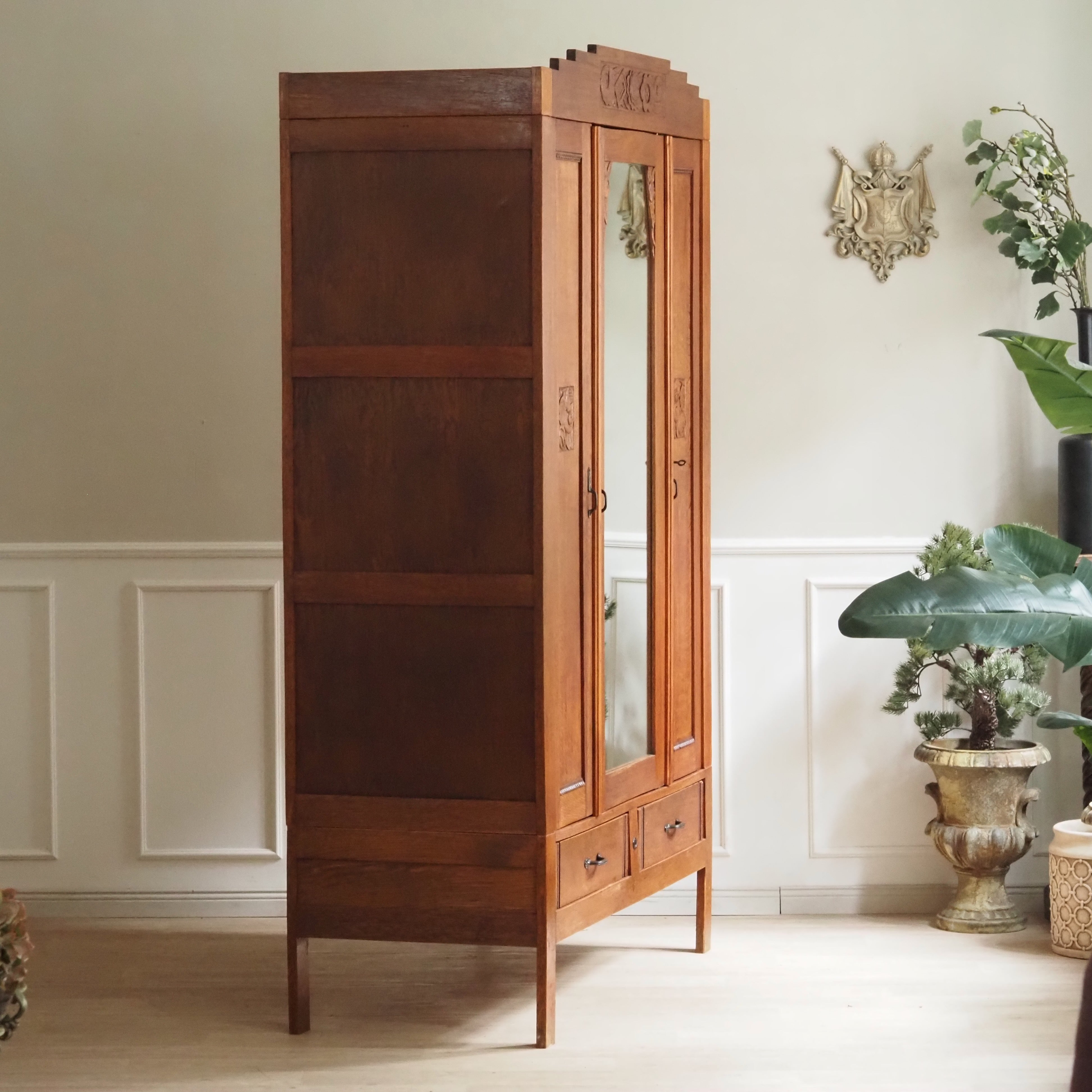 Jugendstil Kleiderschrank Eiche mit Spiegel um 1920 - Vintage Spiegelschrank