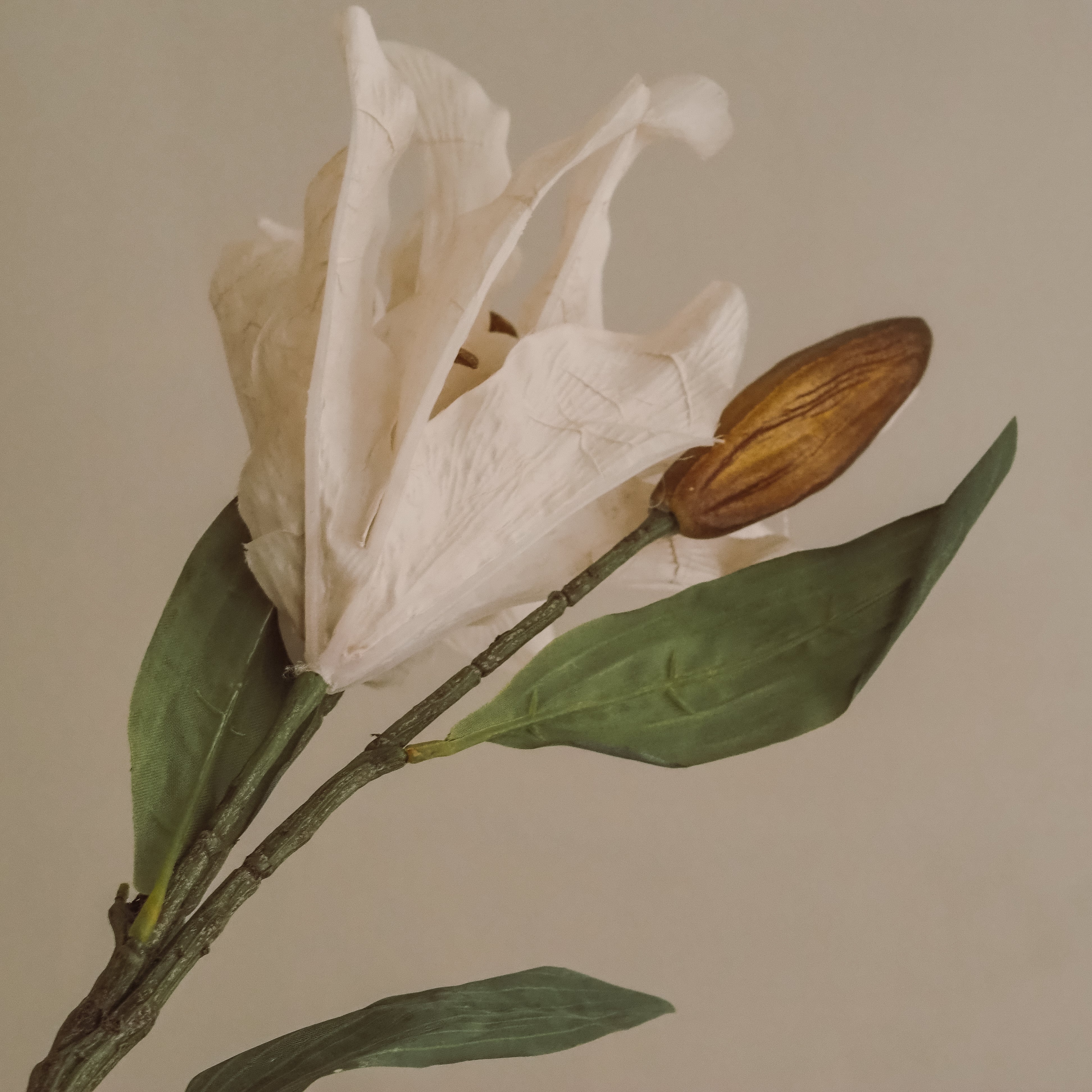 Blütenzweig Creme-Weiß · Textile Lilienblüten mit bronzefarbener Knospe · 88 cm