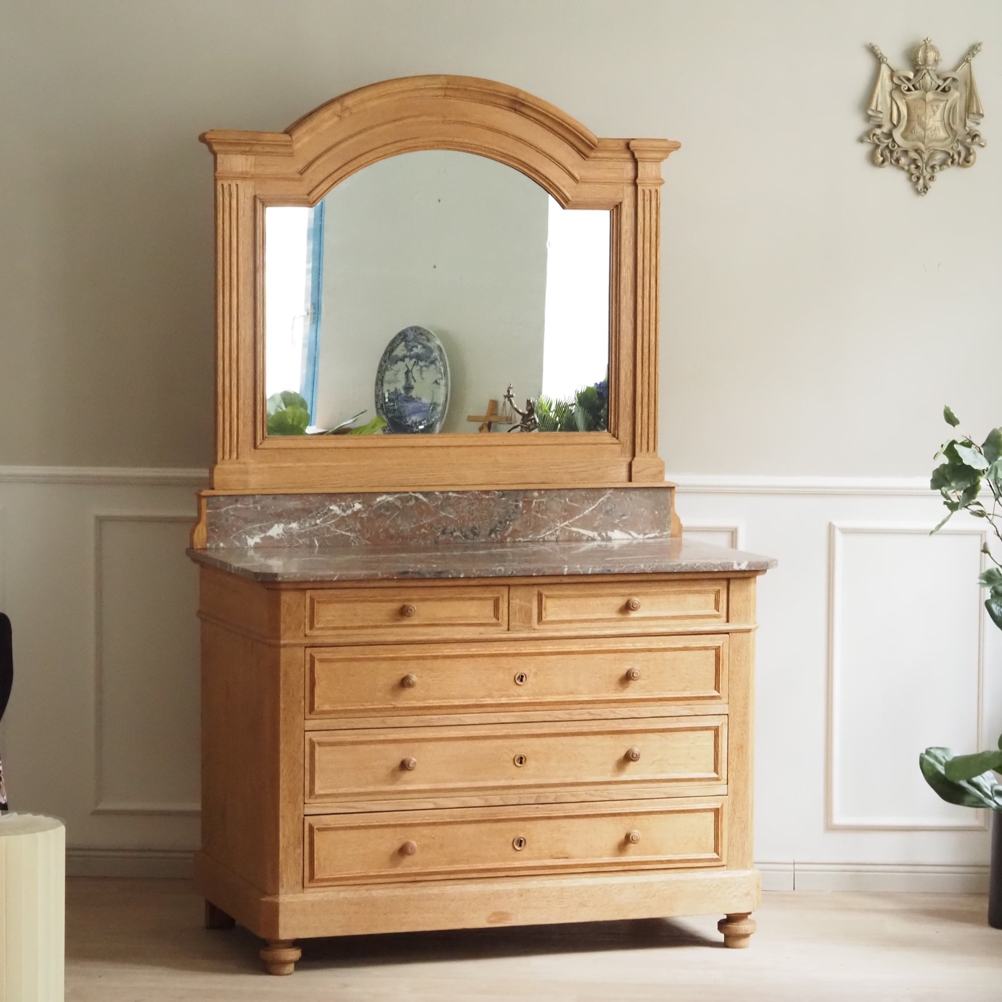 Vintage Spiegelkommode mit Marmor aus Eiche Natur - Landhaus Kommode
