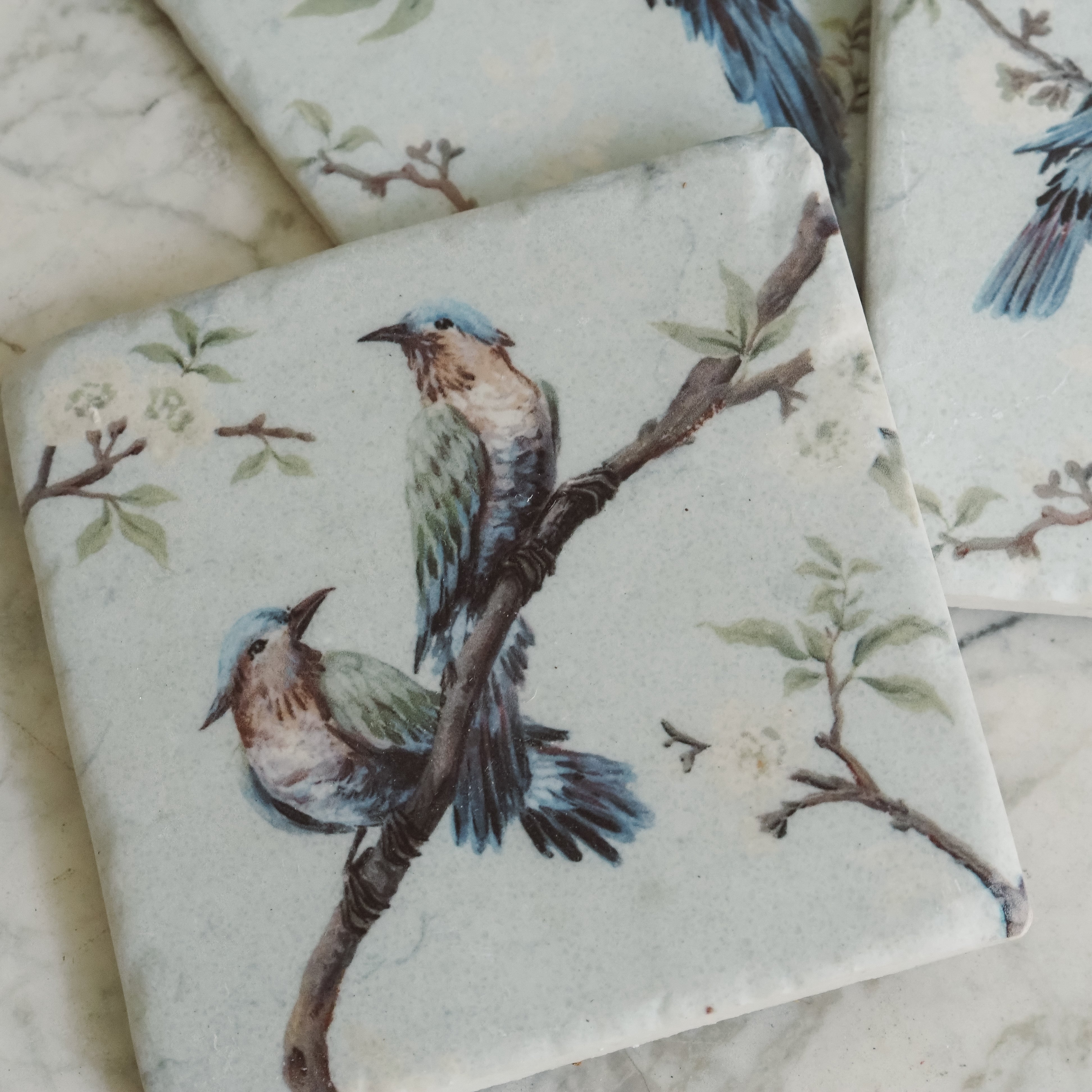 Untersetzer Vögel Zweige · 4er-Set Keramik Kork Naturmalerei 10cm