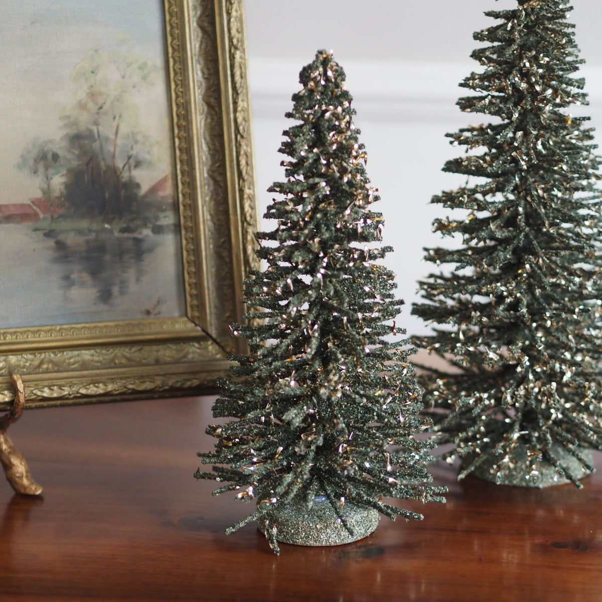 Deko-Weihnachtsbäume 2er-Set · Jagdgrün Goldoptik Volkskunst