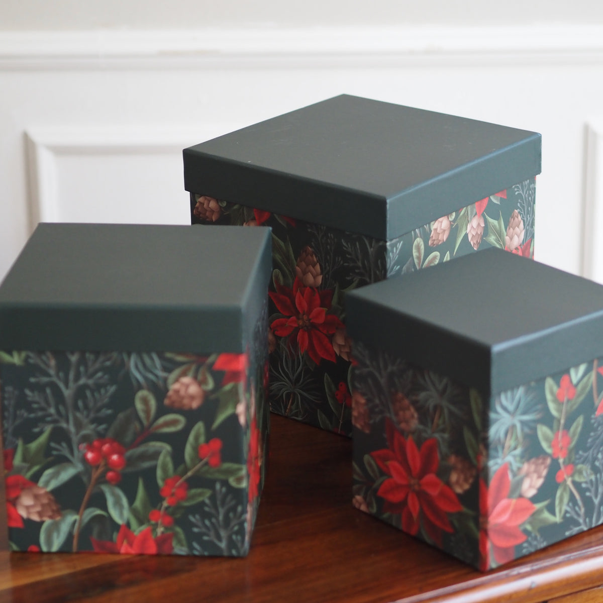 Aufbewahrungsbox 3er-Set · Weihnachtsstern-Dekor Dunkelgrün