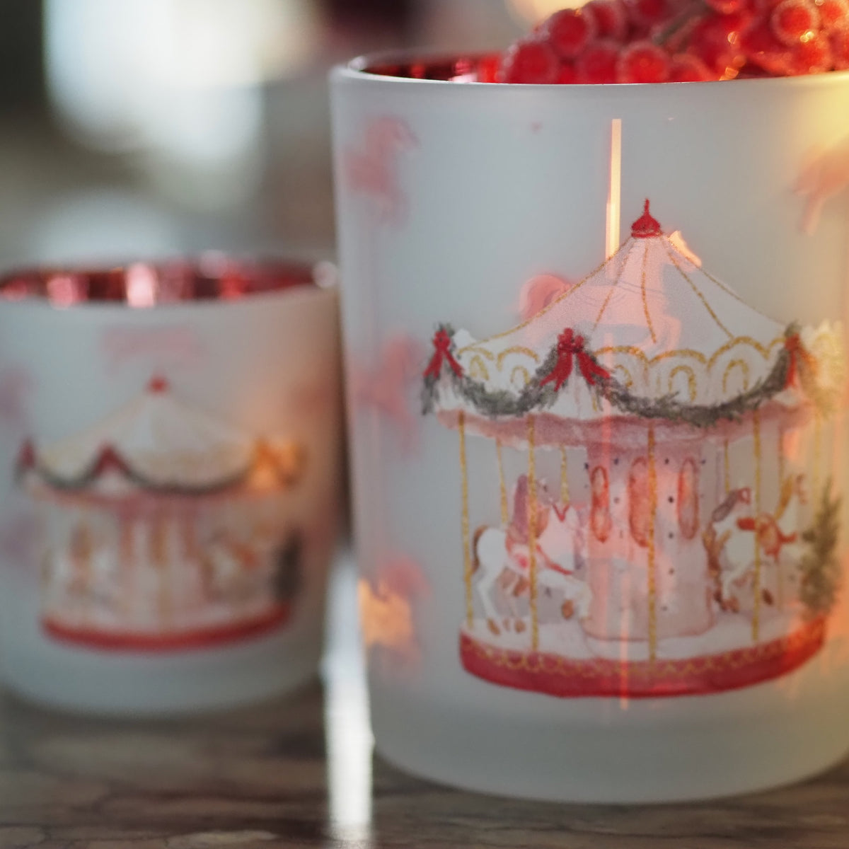 Teelichthalter 2er Set · Nostalgisches Karussell-Motiv Rot