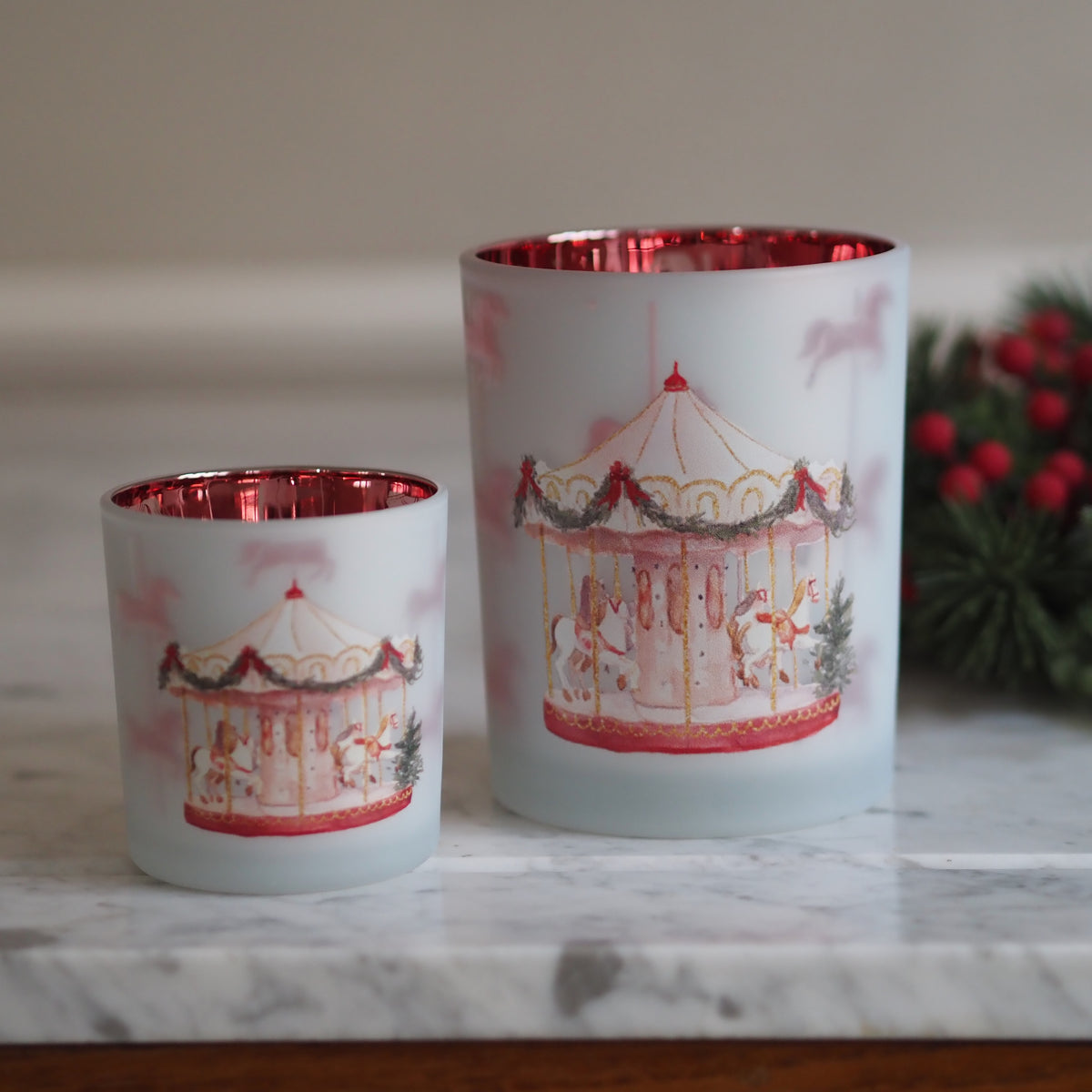 Teelichthalter 2er Set · Nostalgisches Karussell-Motiv Rot