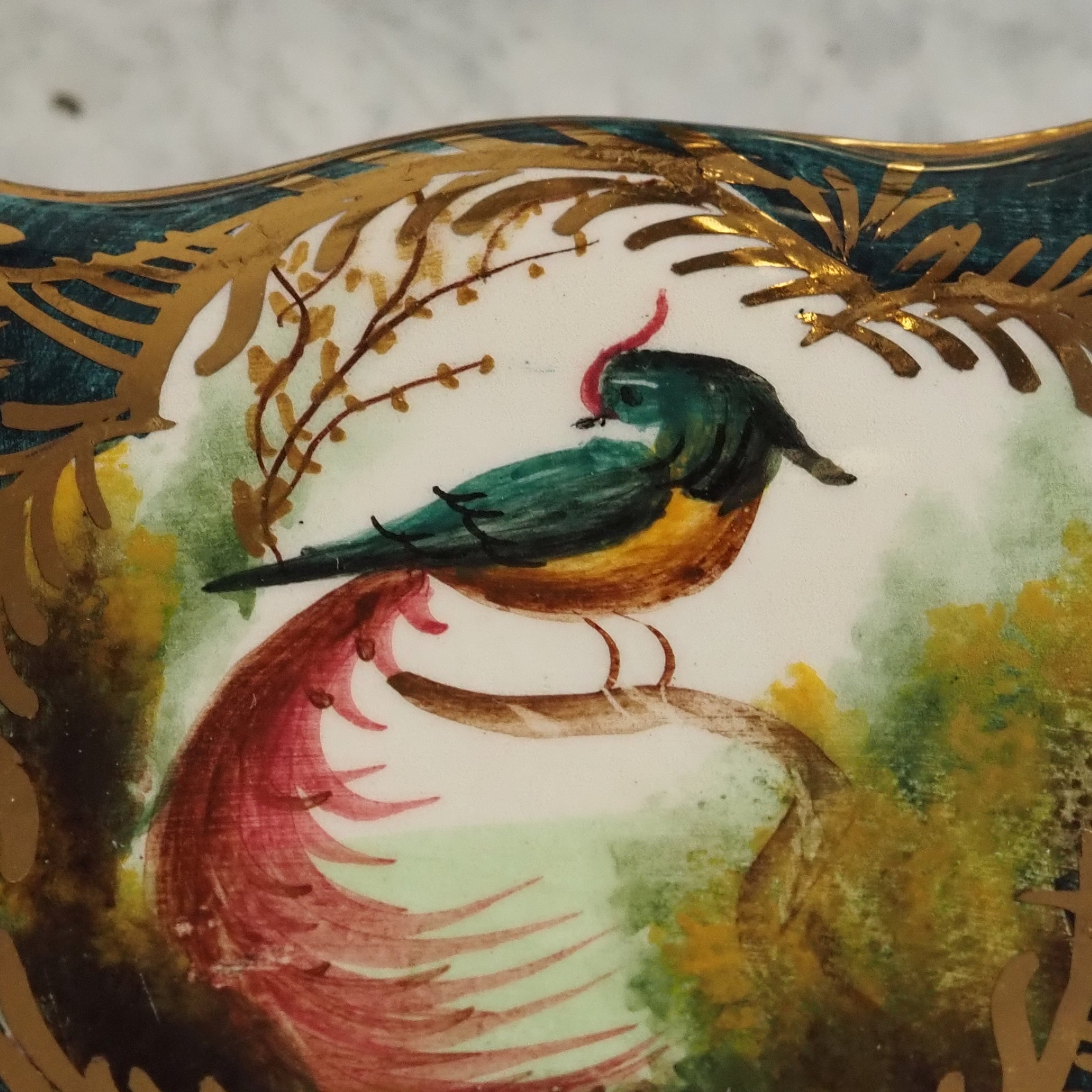 Keramikdose mit Vogelmotiv · H. Bequet Belgien · Mid-Century