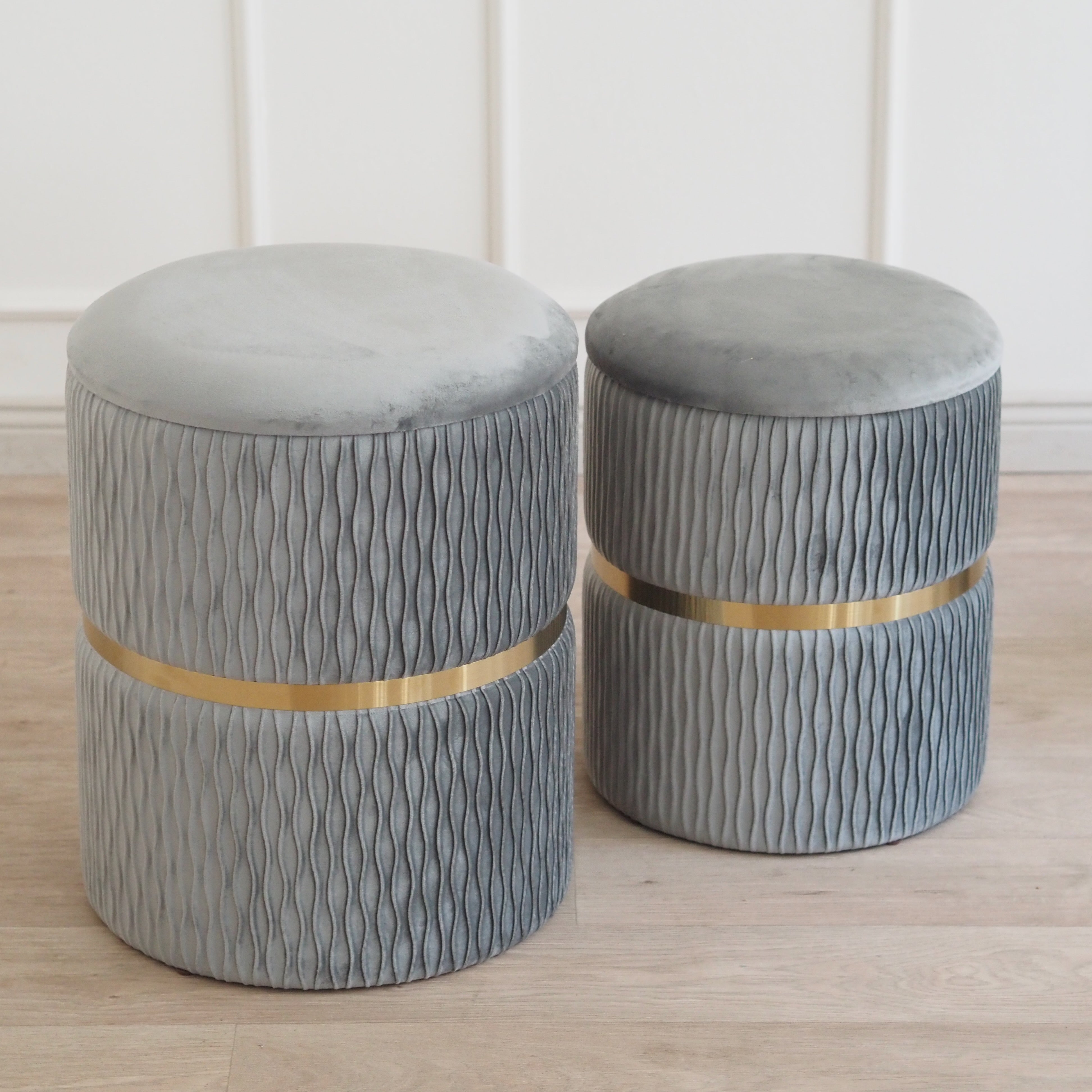 Hocker-Pouf 2er-Set · Samt mit Stauraum und Deckel in Grau-Gold