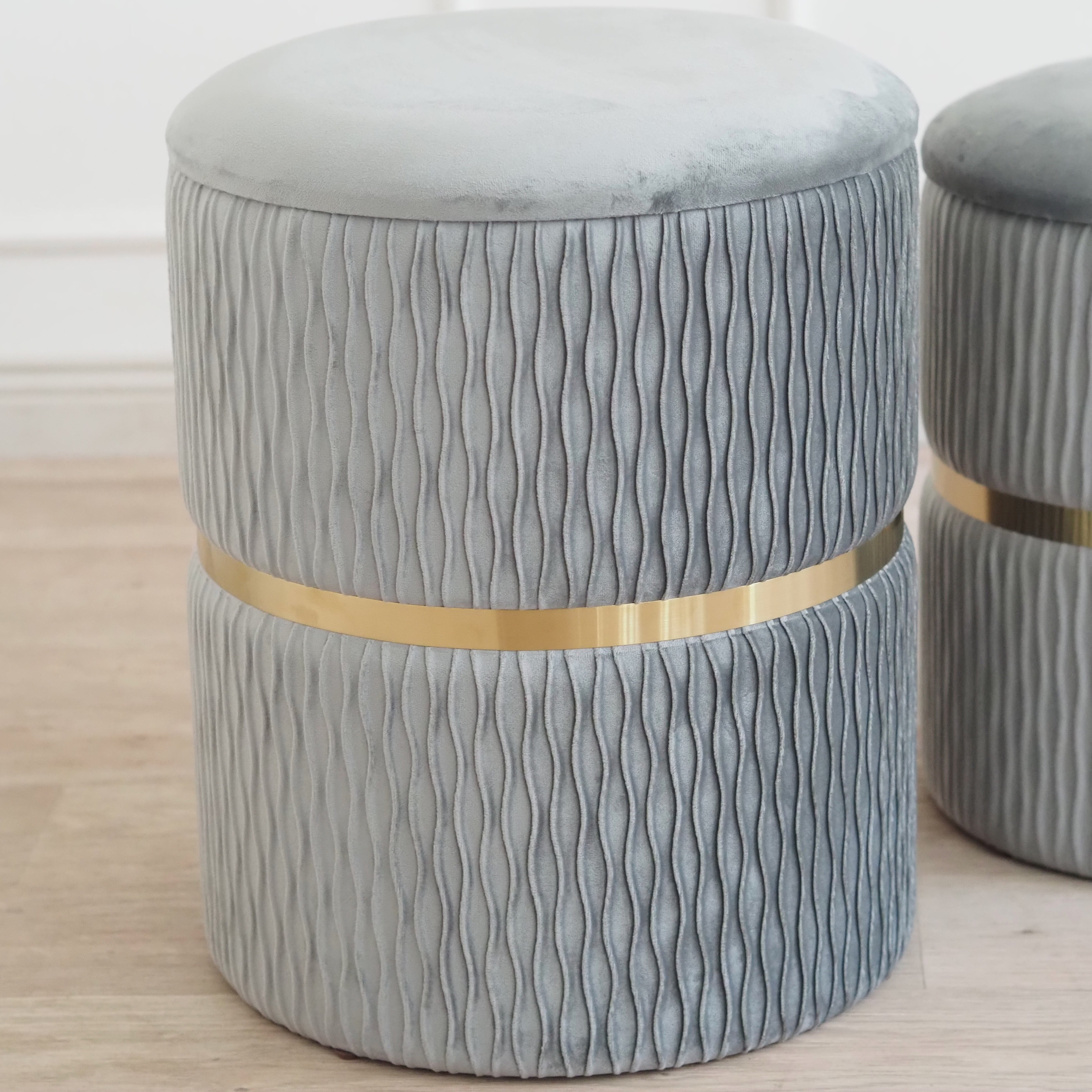 Hocker-Pouf 2er-Set · Samt mit Stauraum und Deckel in Grau-Gold