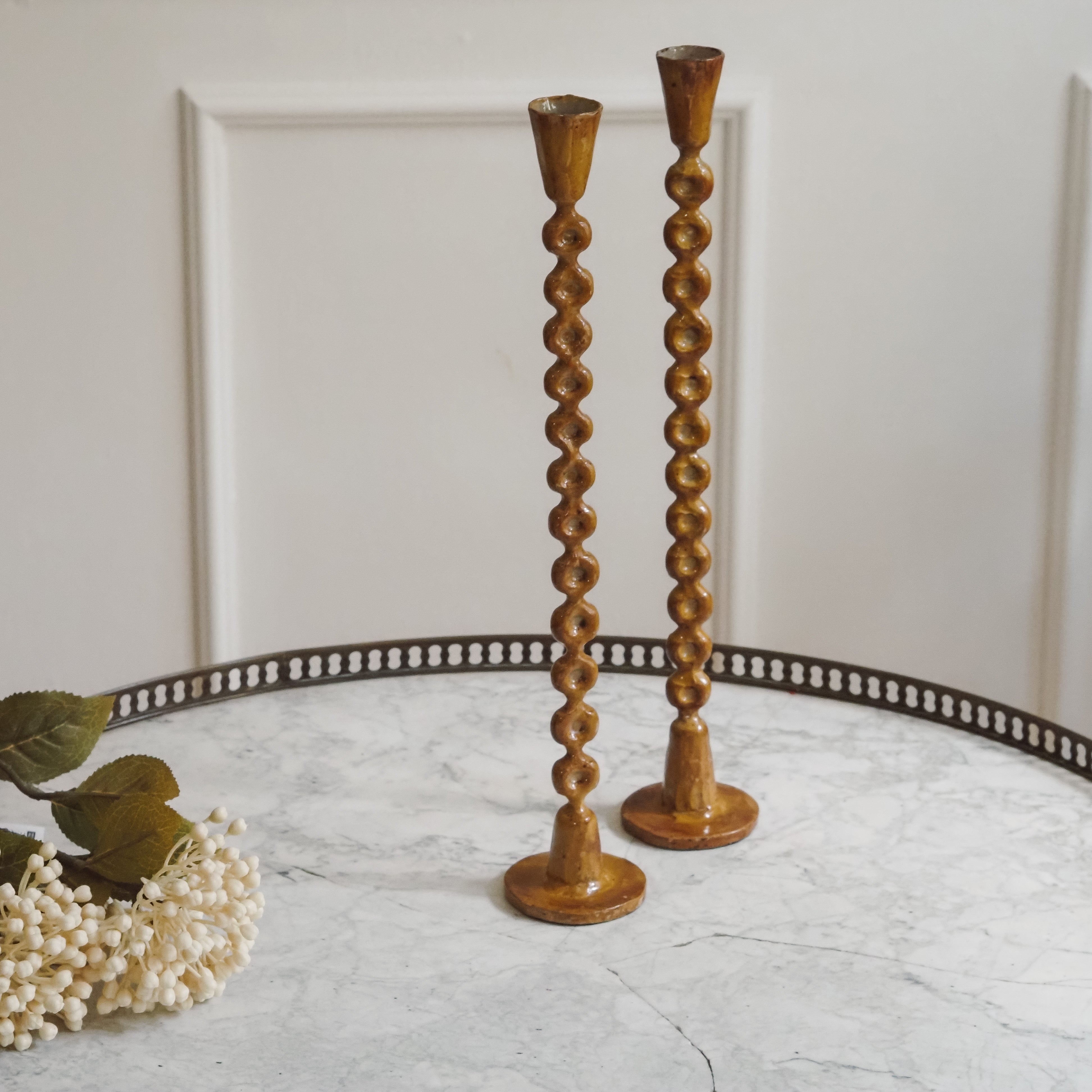 Kerzenständer Senfgelb · Schlanker Kugelschaft im Vintage-Stil · 2er-Set